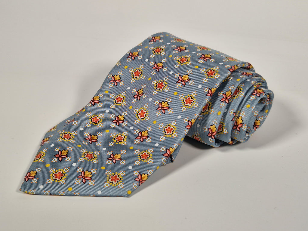 Hermés silk tie light blue with flowers 7904 MA
