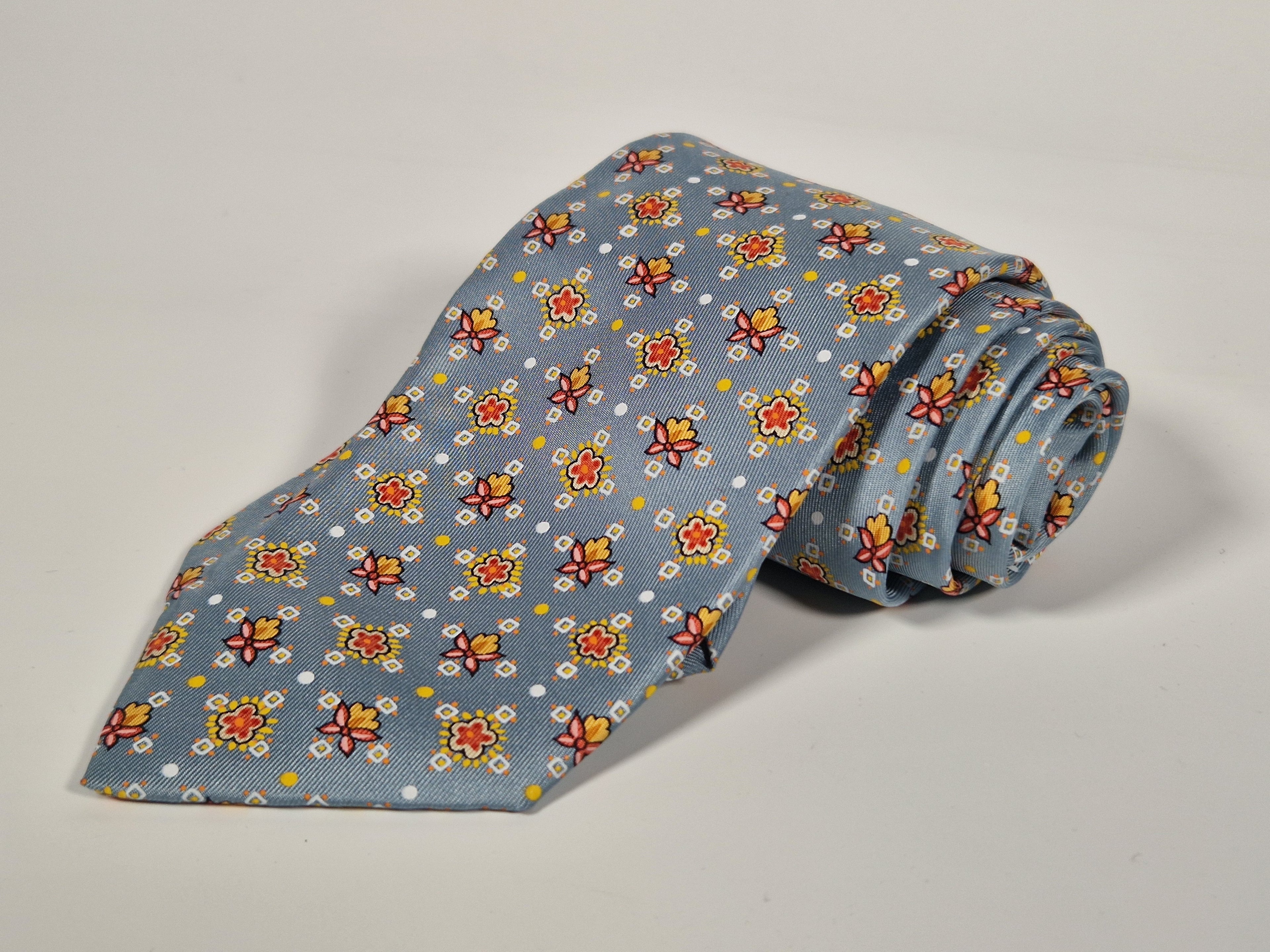 Hermés silk tie light blue with flowers 7904 MA