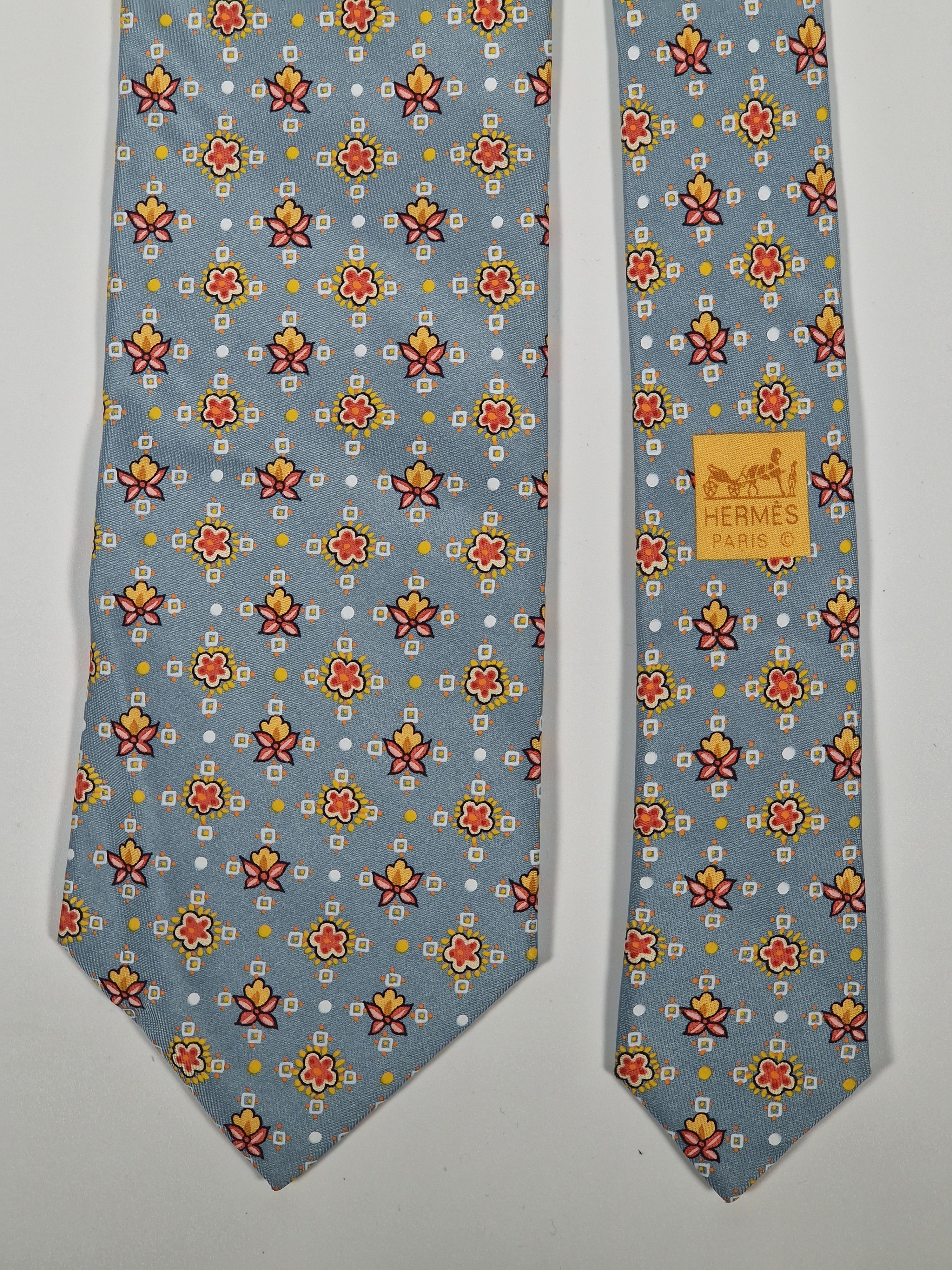 Hermés silk tie light blue with flowers 7904 MA
