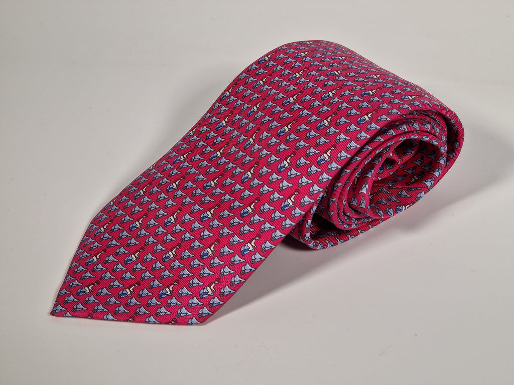 Hermés silk tie cerise equestrian pattern 605813 IA