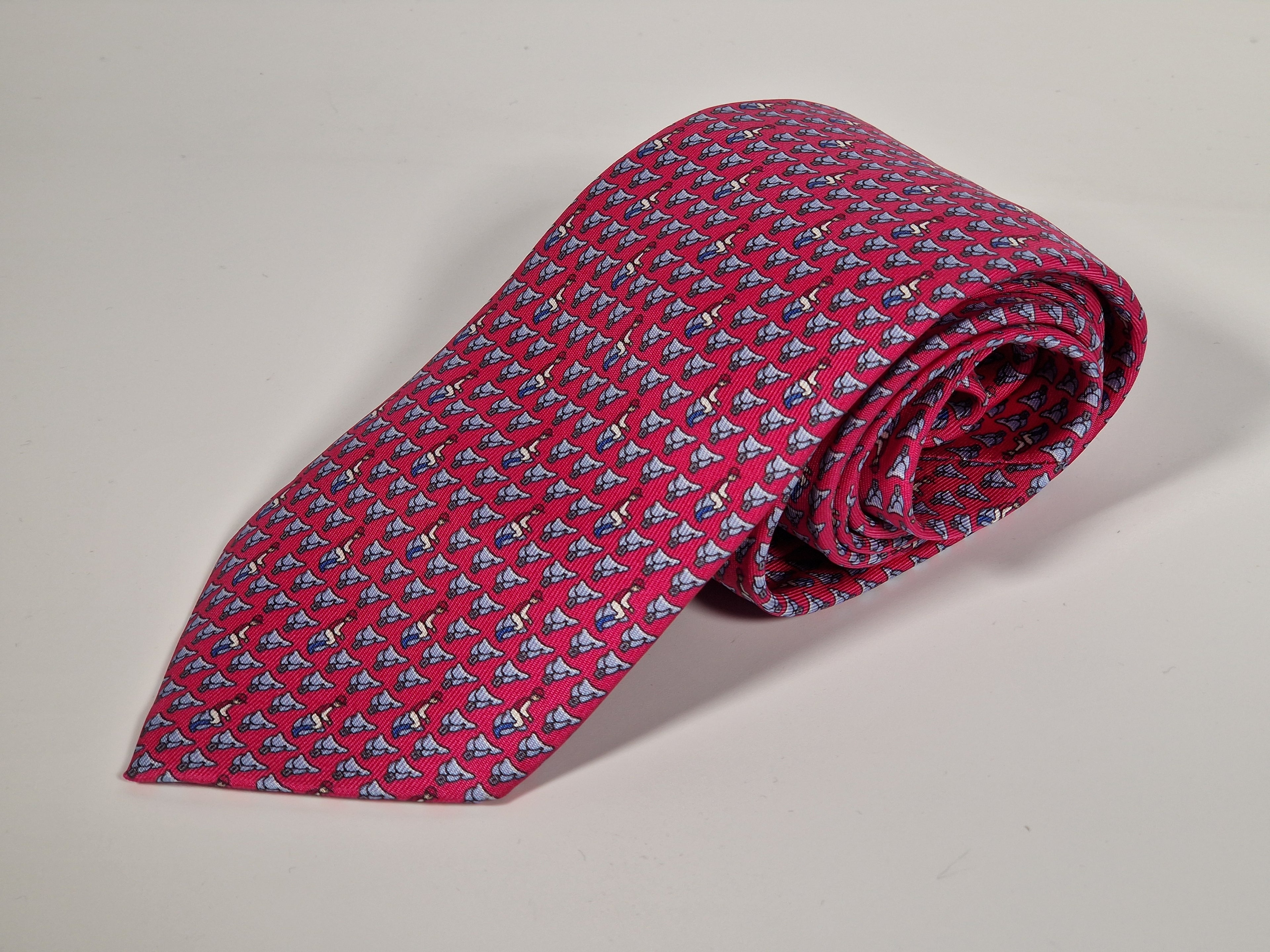 Hermés silk tie cerise equestrian pattern 605813 IA
