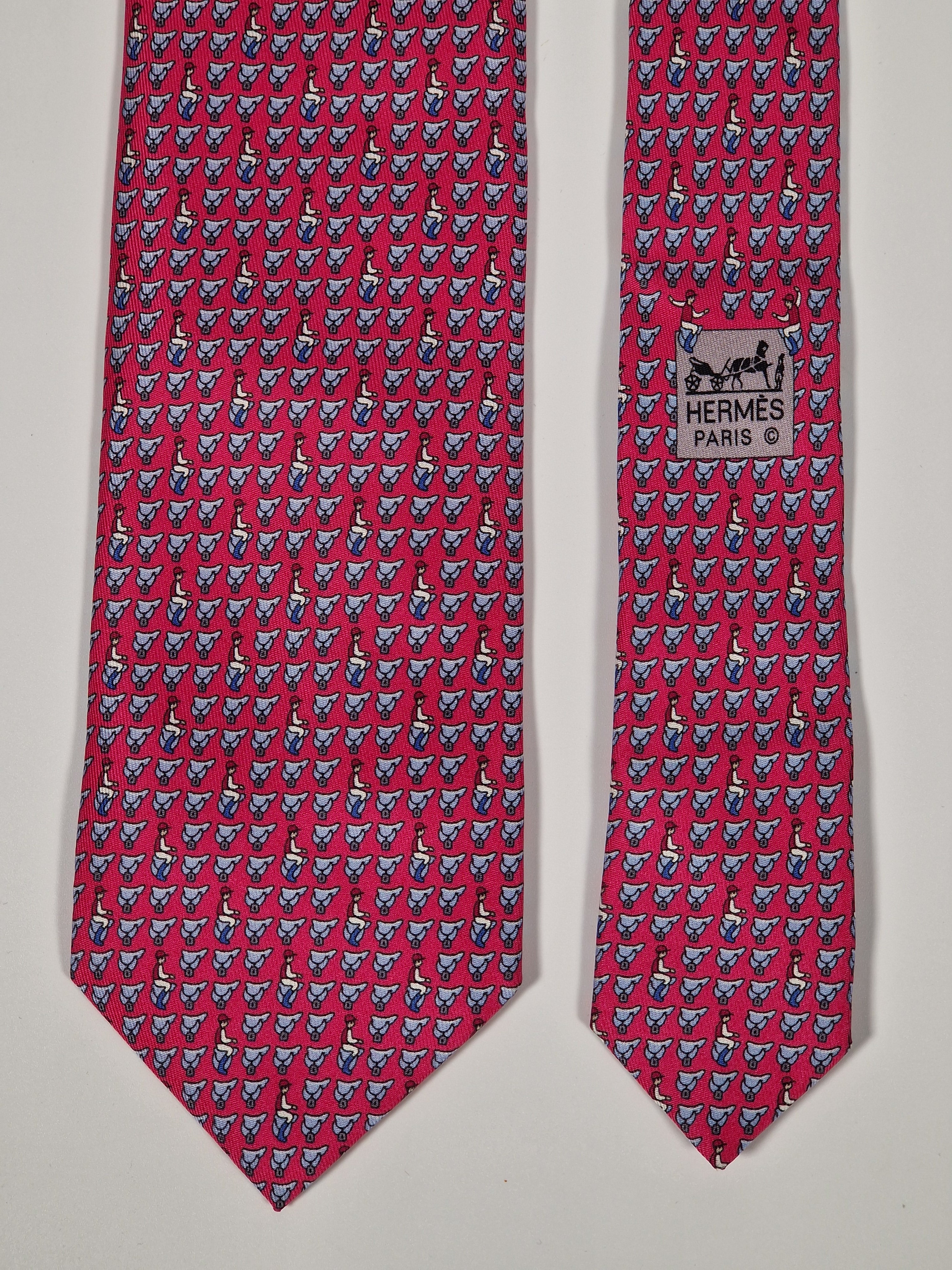 Hermés silk tie cerise equestrian pattern 605813 IA