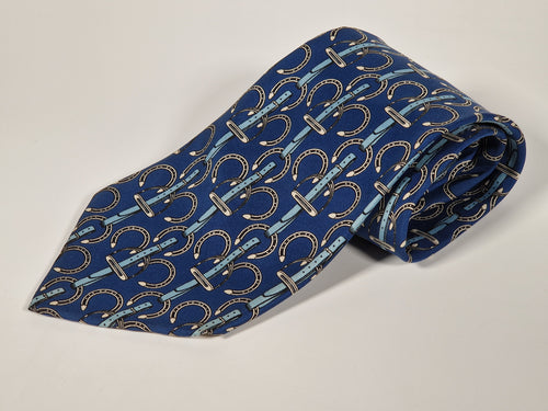 000517 Hermés wide vintage silk tie blue horseshoe 517 IA