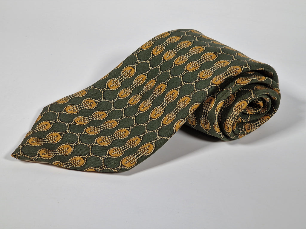 Hermés wide vintage silk tie rope and pulley green and yellow 618 TA