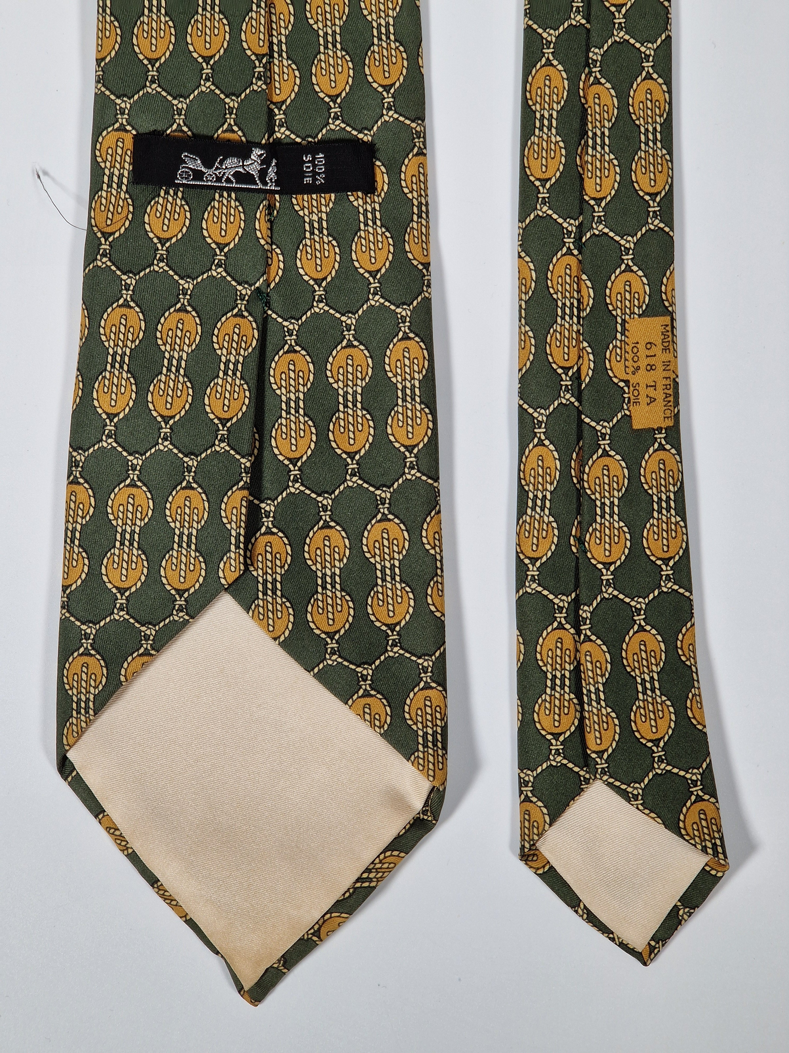 Hermés wide vintage silk tie rope and pulley green and yellow 618 TA