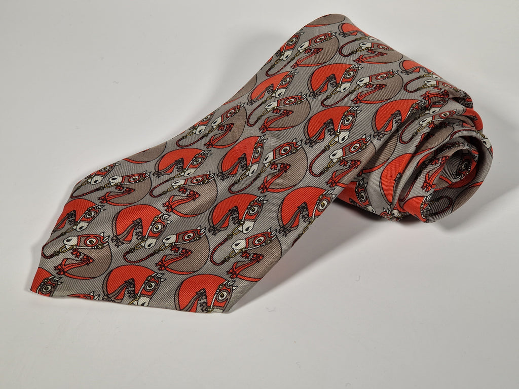 Hermés wide vintage silk tie grey and orange horse 613 SA