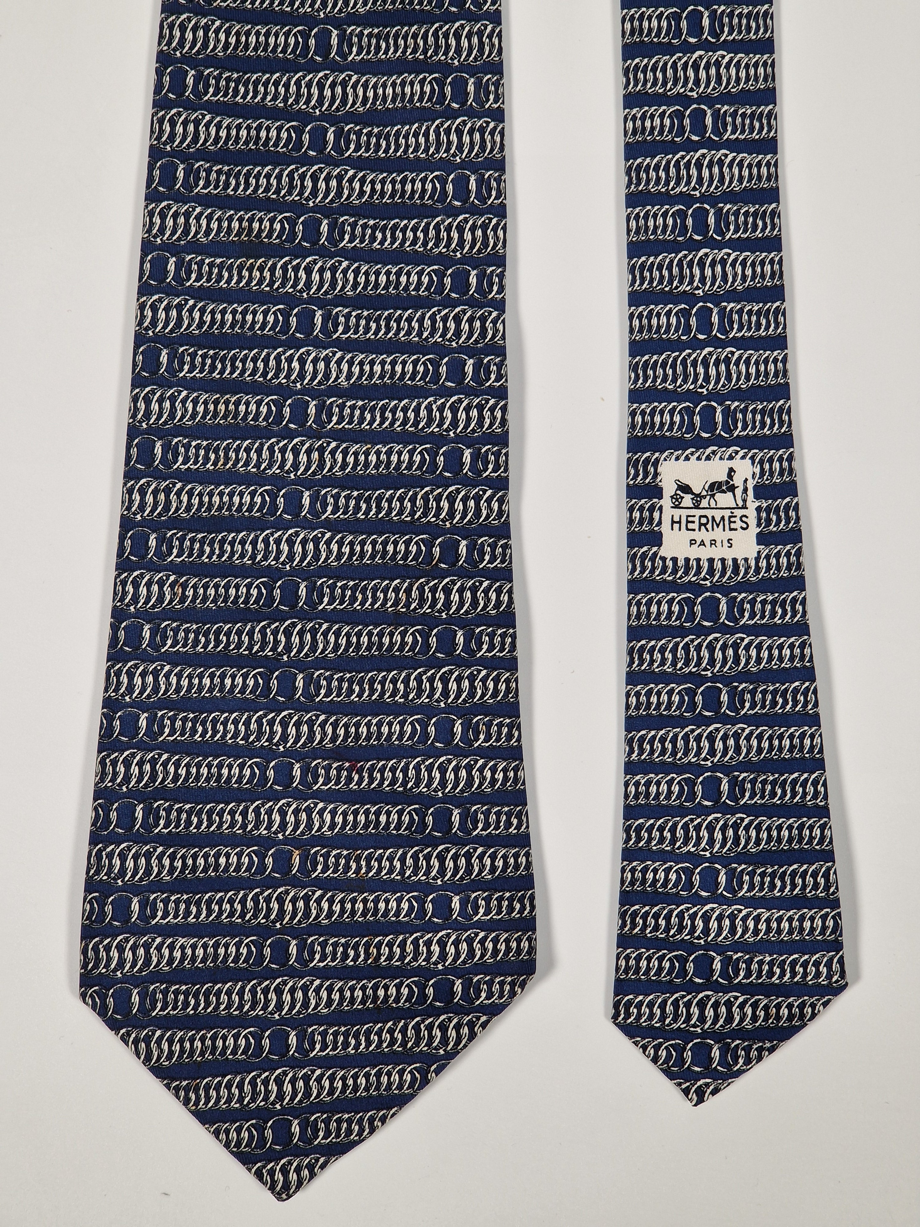 Hermés wide vintage silk tie chain pattern blue 331 EA