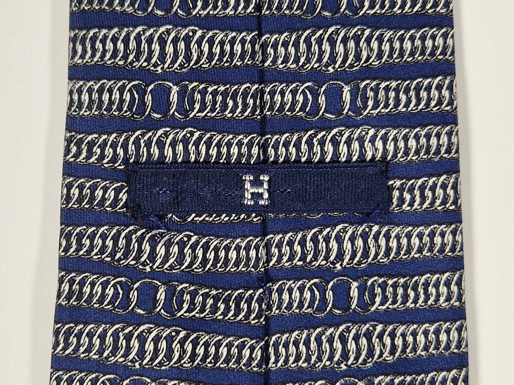 Hermés wide vintage silk tie chain pattern blue 331 EA