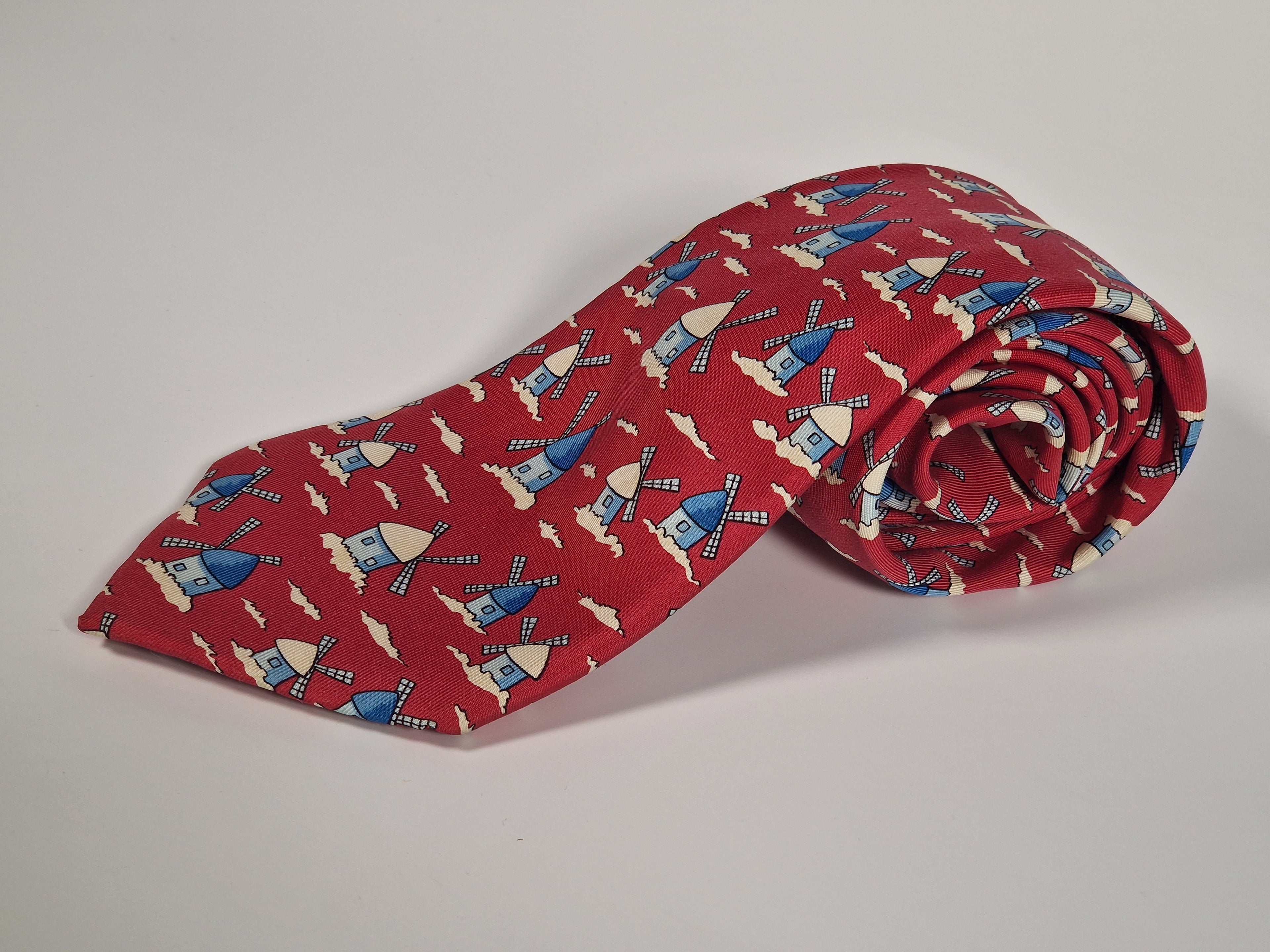 Hermés silk tie red windmills 7489 IA