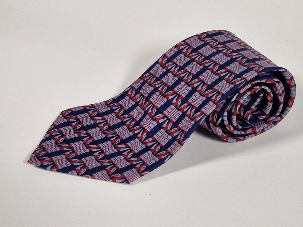 Hermés wide vintage silk tie geometric pattern blue 589 SA