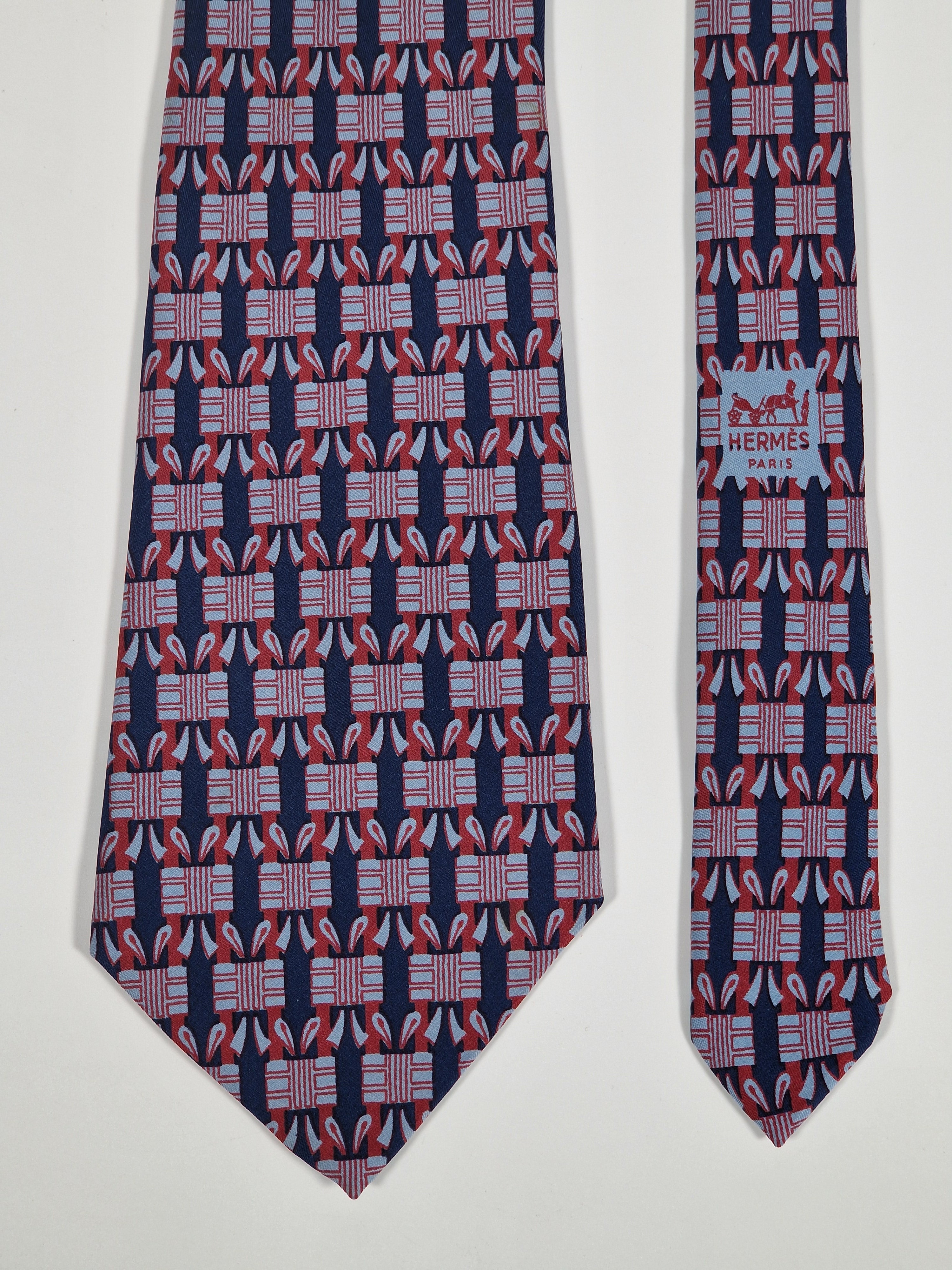 Hermés wide vintage silk tie geometric pattern blue 589 SA