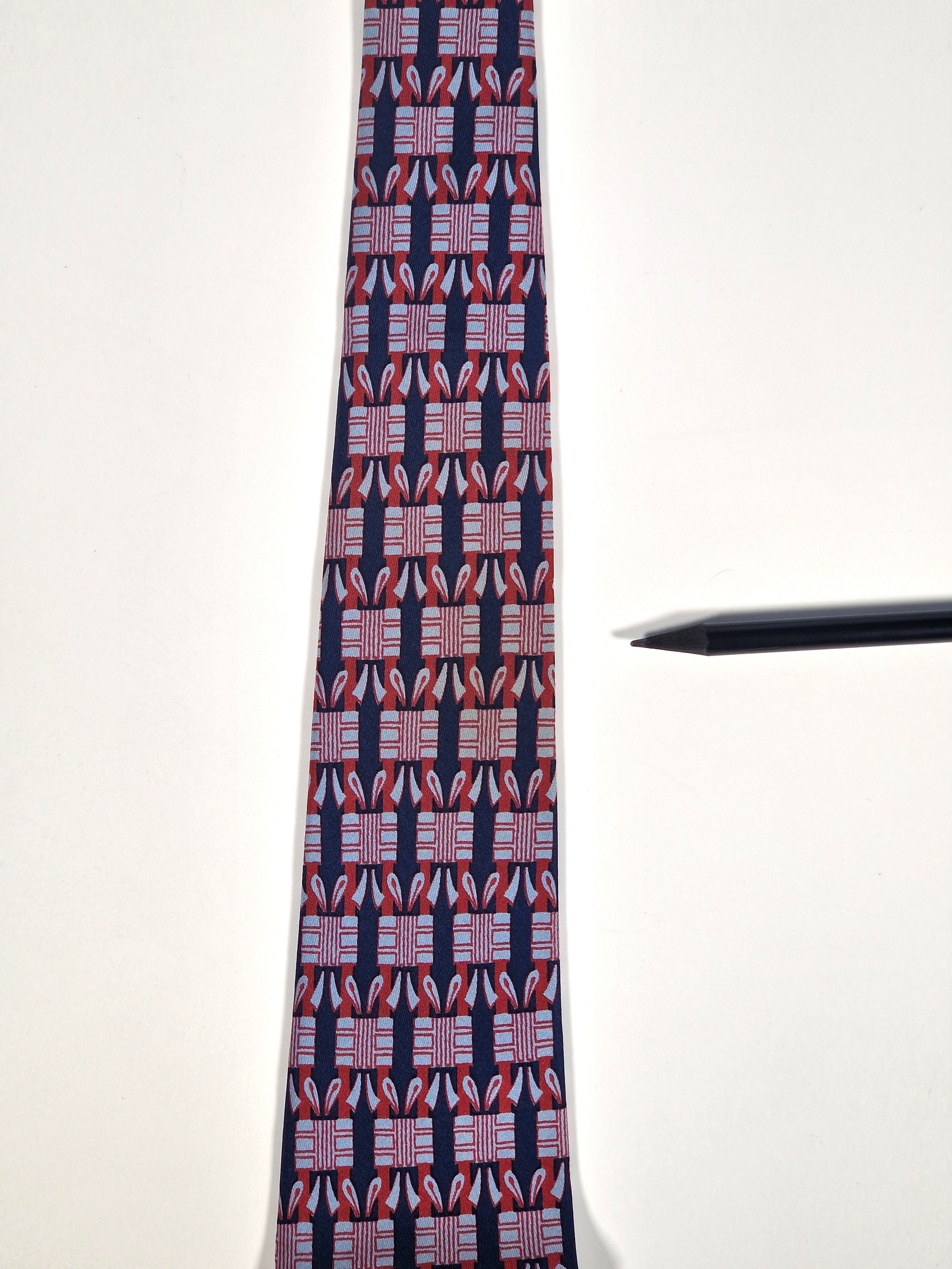 Hermés wide vintage silk tie geometric pattern blue 589 SA
