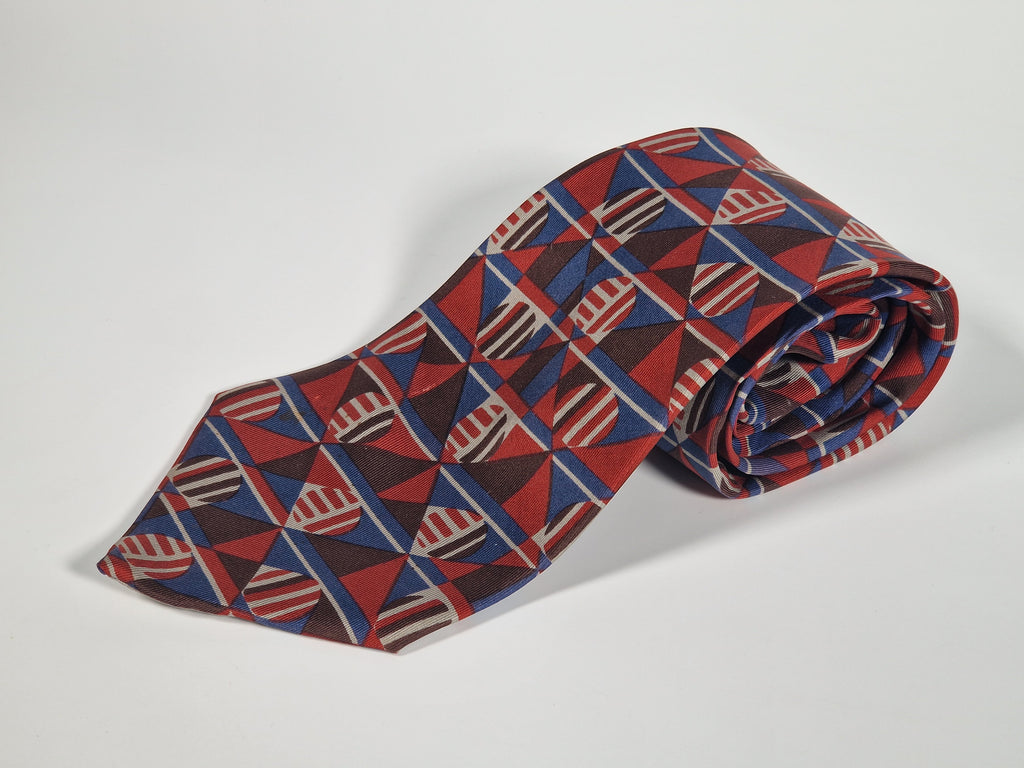 Hermés vintage silk tie geometric pattern blue and red 396 PA