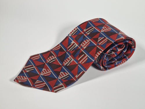 000396 Hermés vintage silk tie geometric pattern blue and red 396 PA