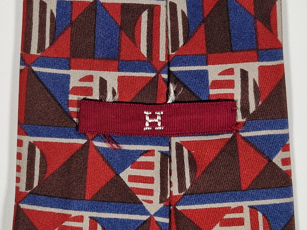 Hermés vintage silk tie geometric pattern blue and red 396 PA