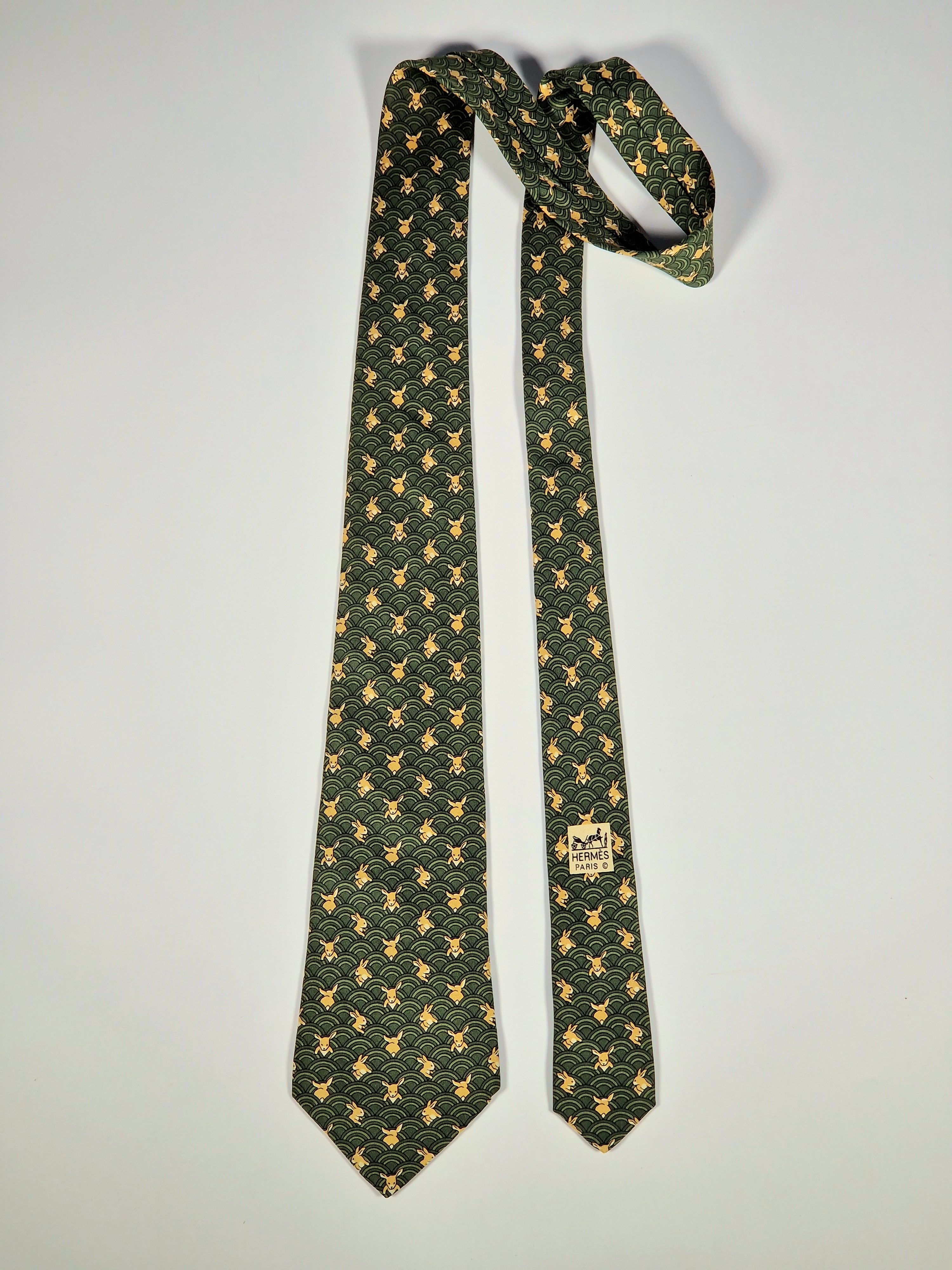 Hermès silk tie green whimsical rabbit and waves 7464 HA