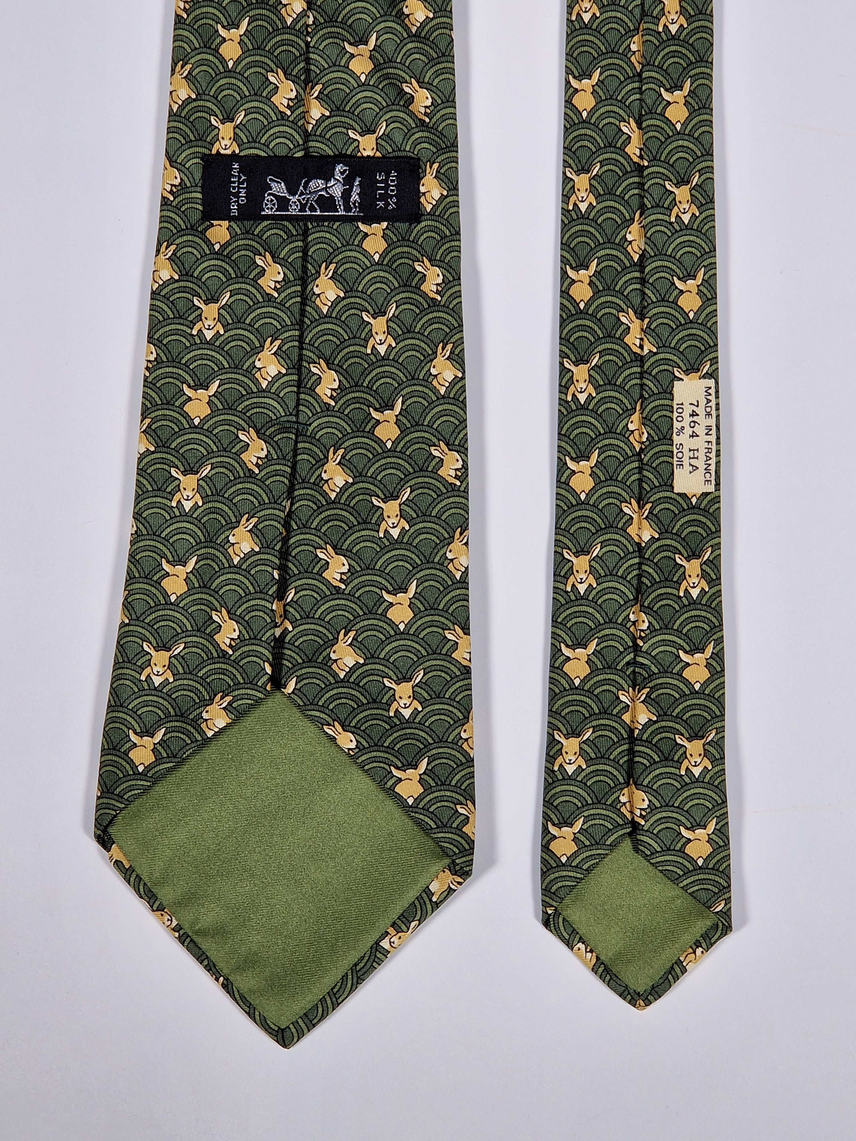 Hermès silk tie green whimsical rabbit and waves 7464 HA