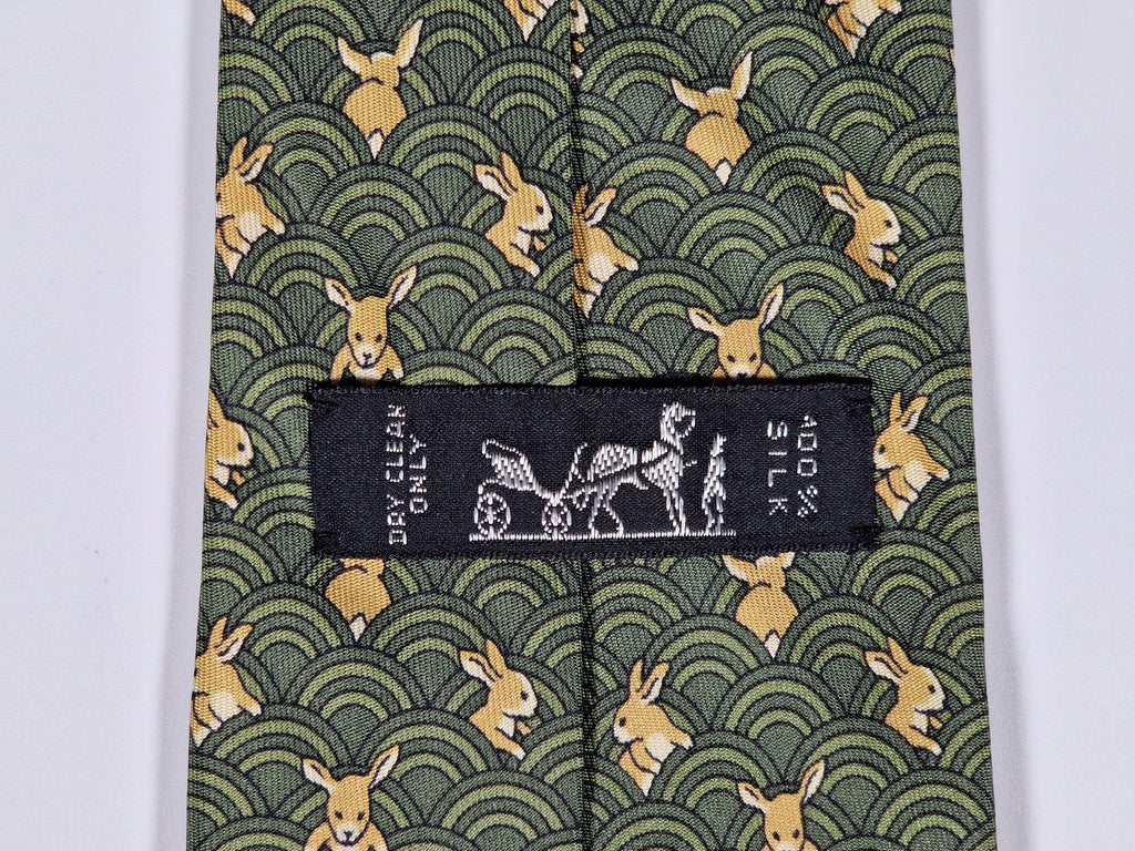 Hermès silk tie green whimsical rabbit and waves 7464 HA