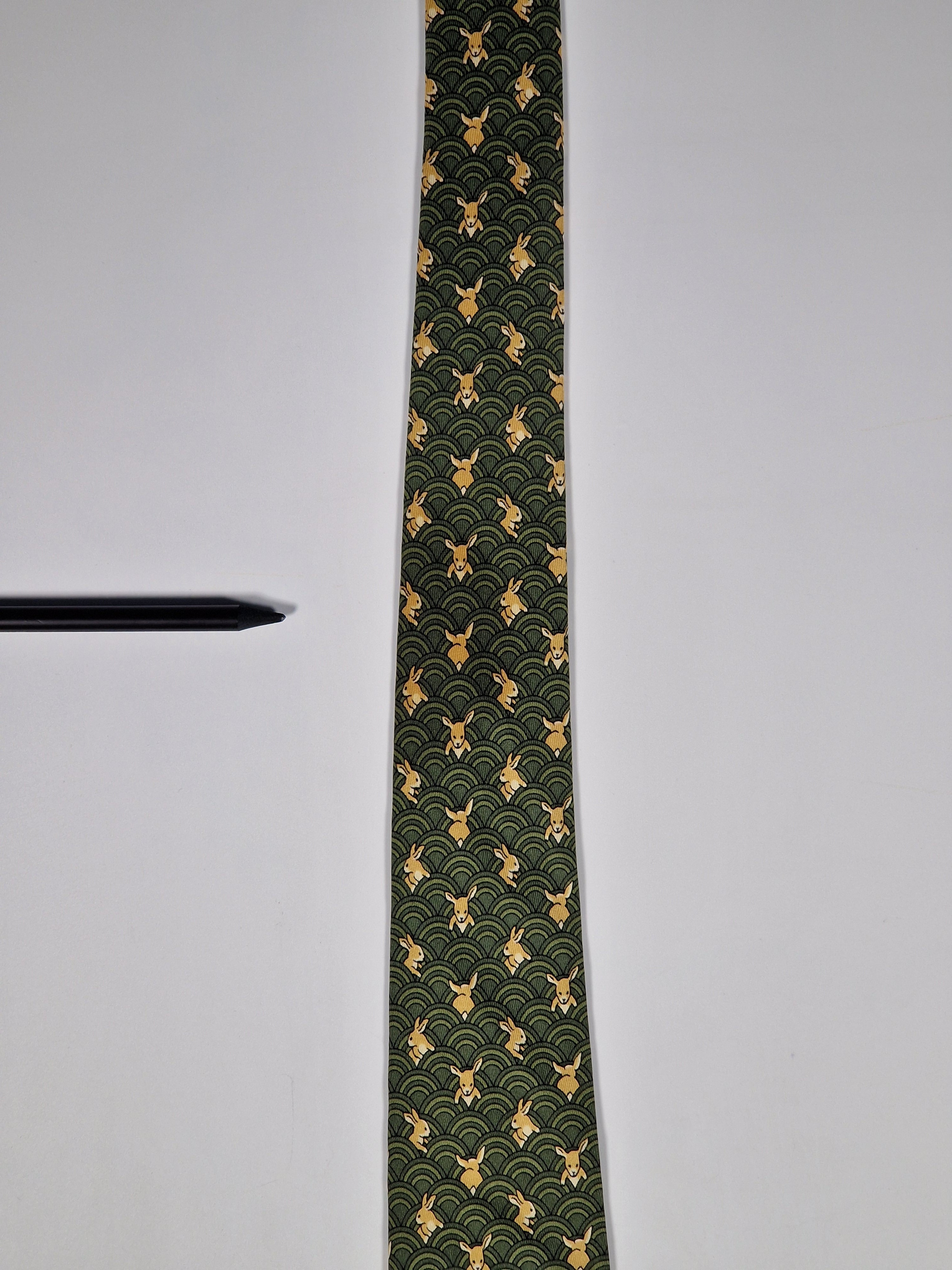 Hermès silk tie green whimsical rabbit and waves 7464 HA
