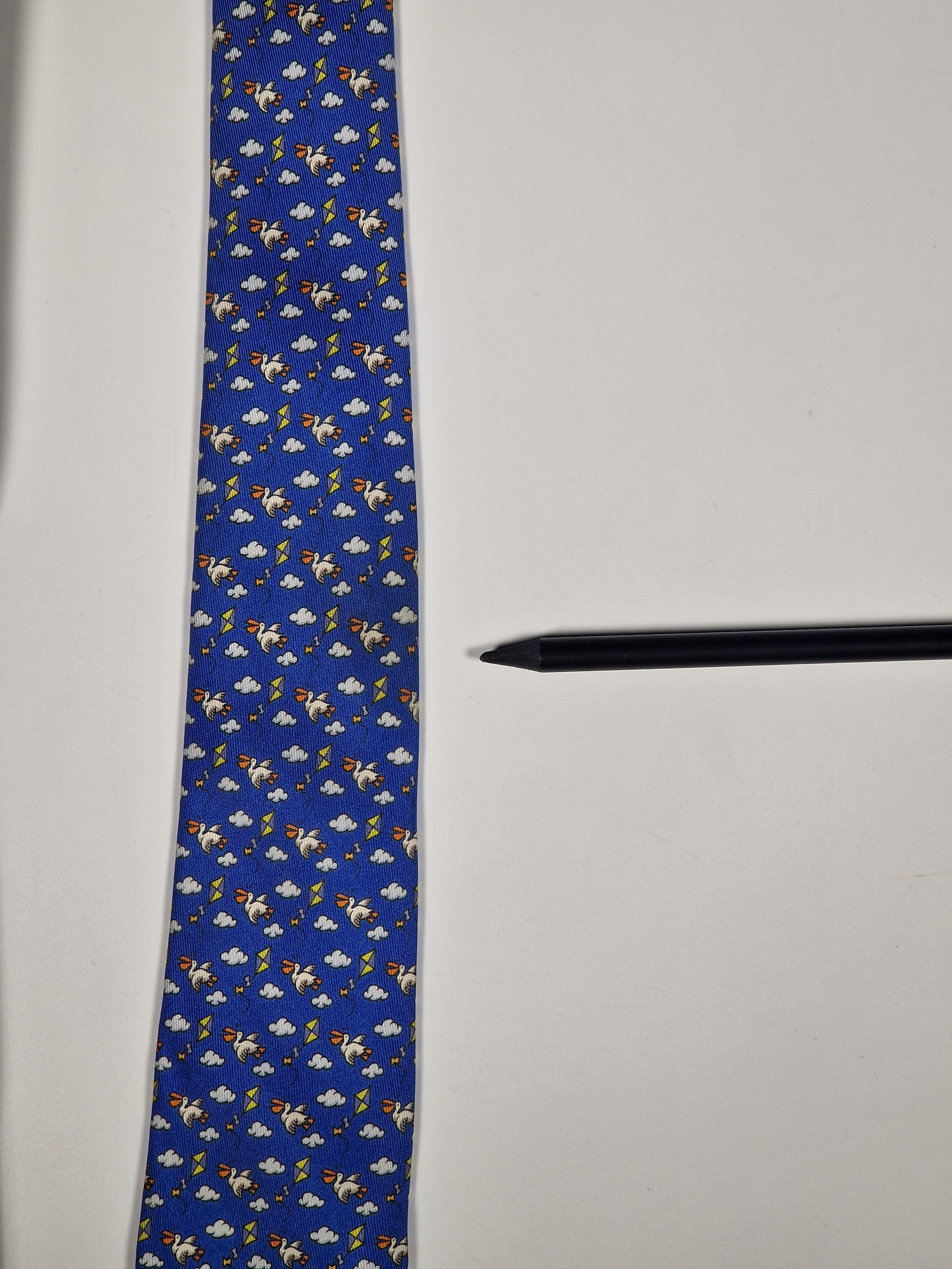 Hermès silk tie blue bird and kite whimsical pattern 605749 HA