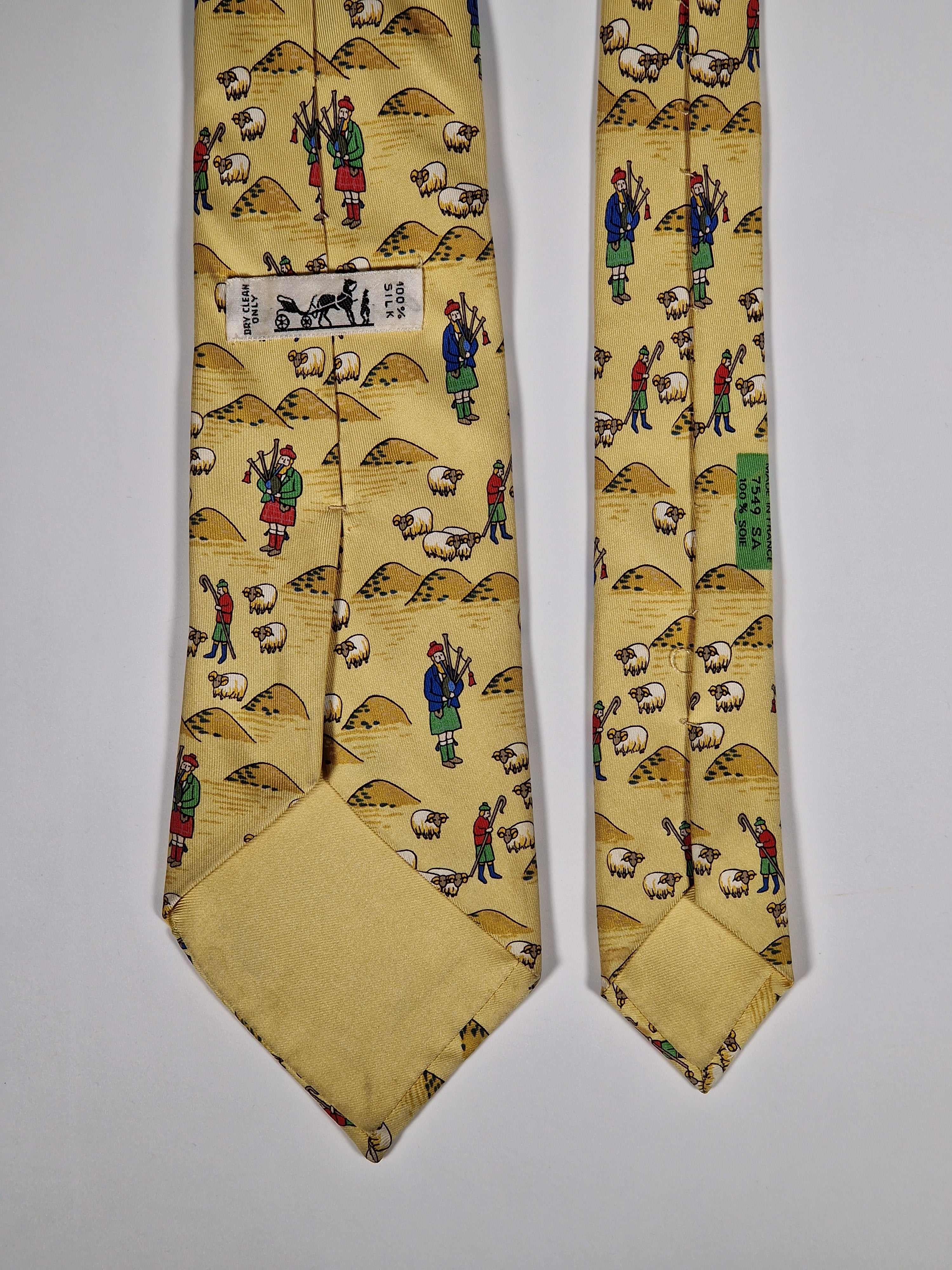 Hermès silk tie yellow scottish and sheep whimsical pattern 7549 SA