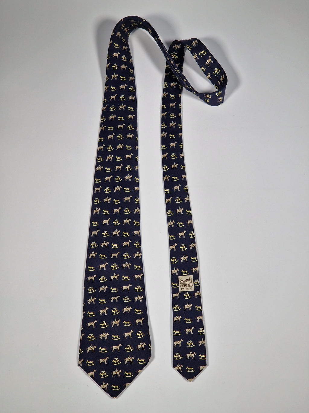 Hermès silk tie black whimsical horse and jockey pattern 5313 TA