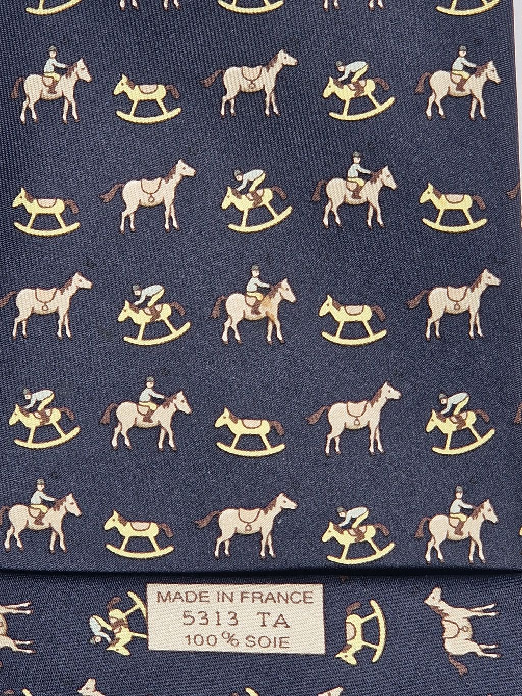 Hermès silk tie black whimsical horse and jockey pattern 5313 TA
