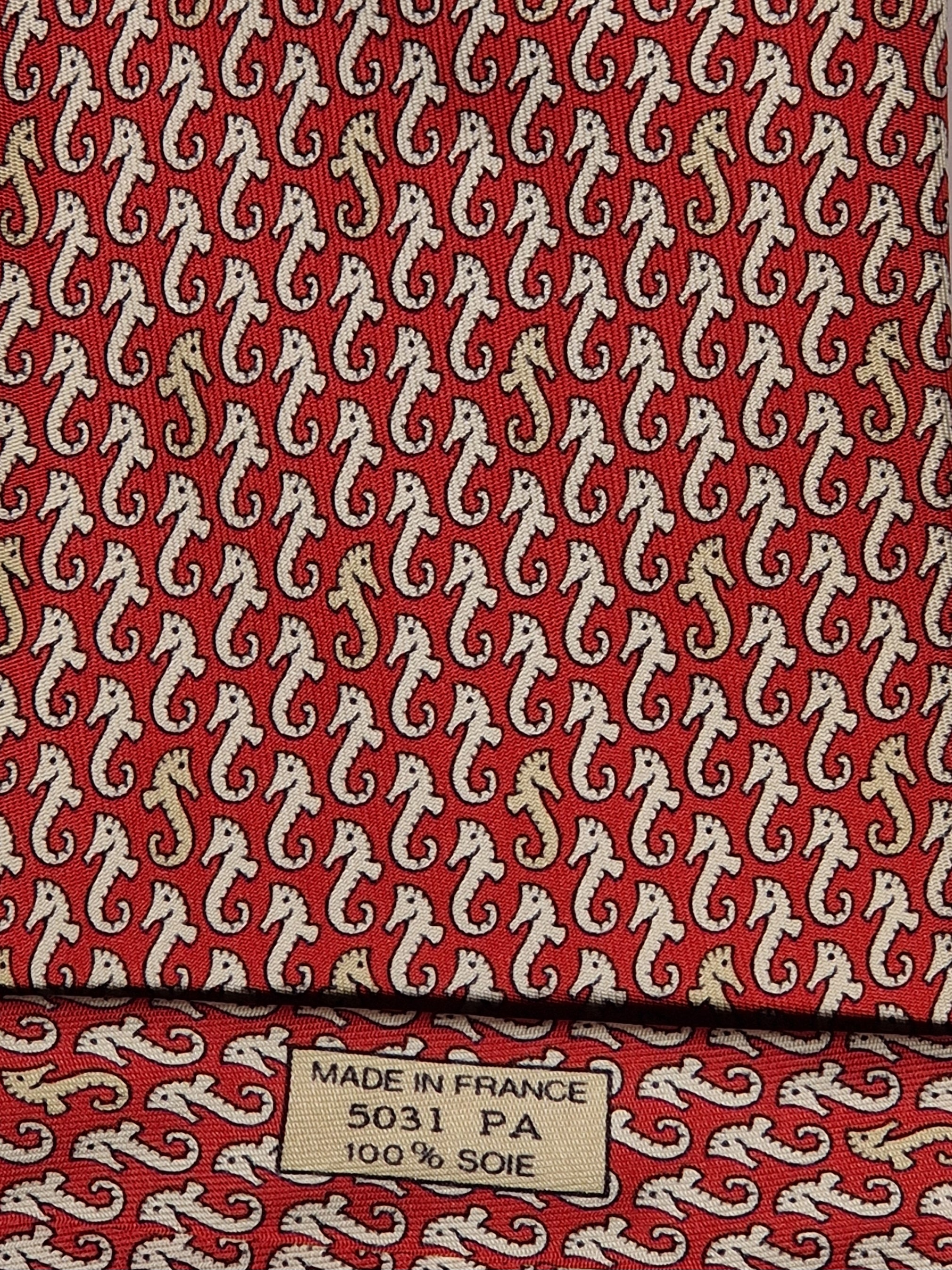 005031 Hermès silk tie red whimsical seahorses pattern 5031 PA