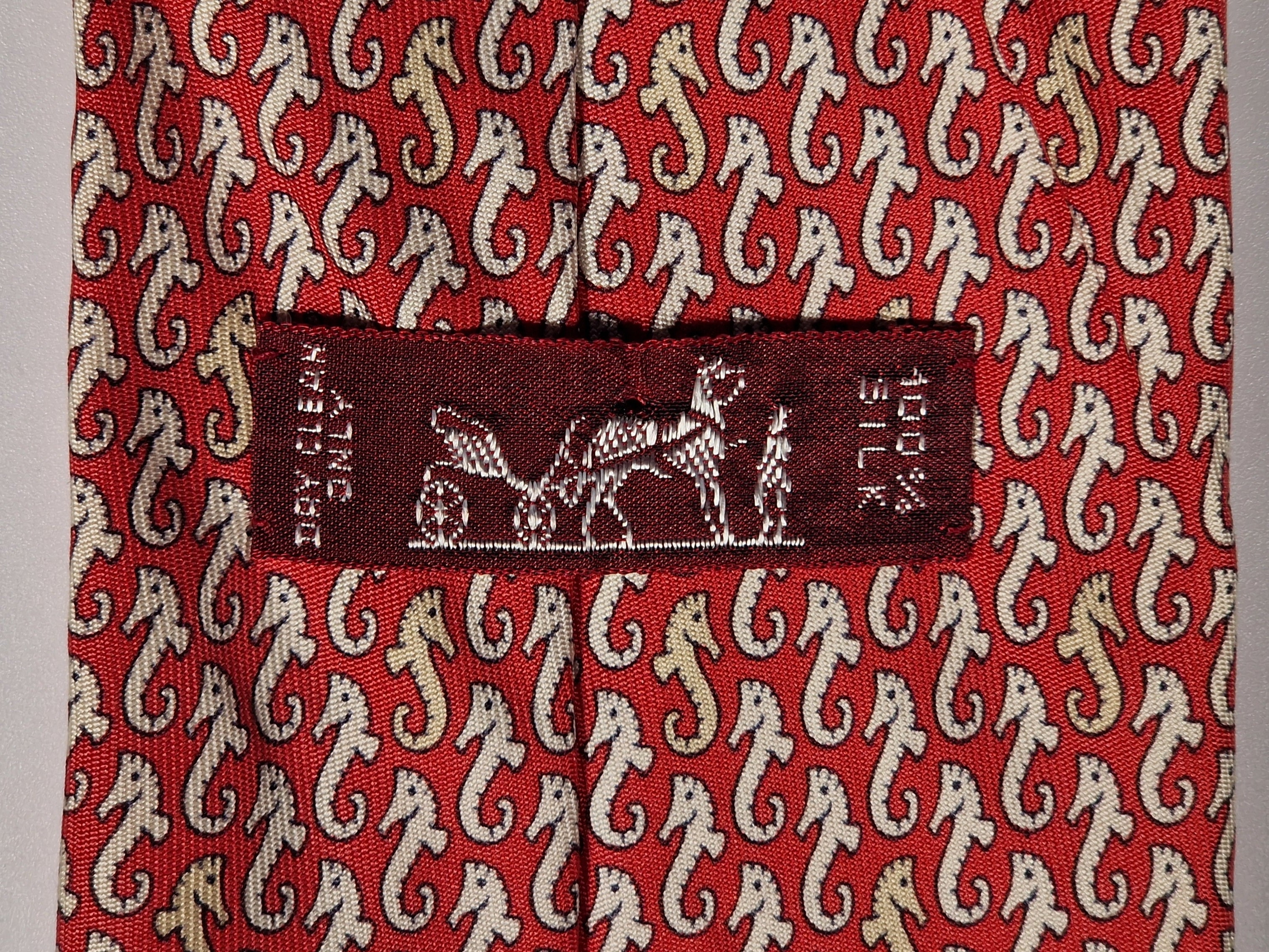 005031 Hermès silk tie red whimsical seahorses pattern 5031 PA