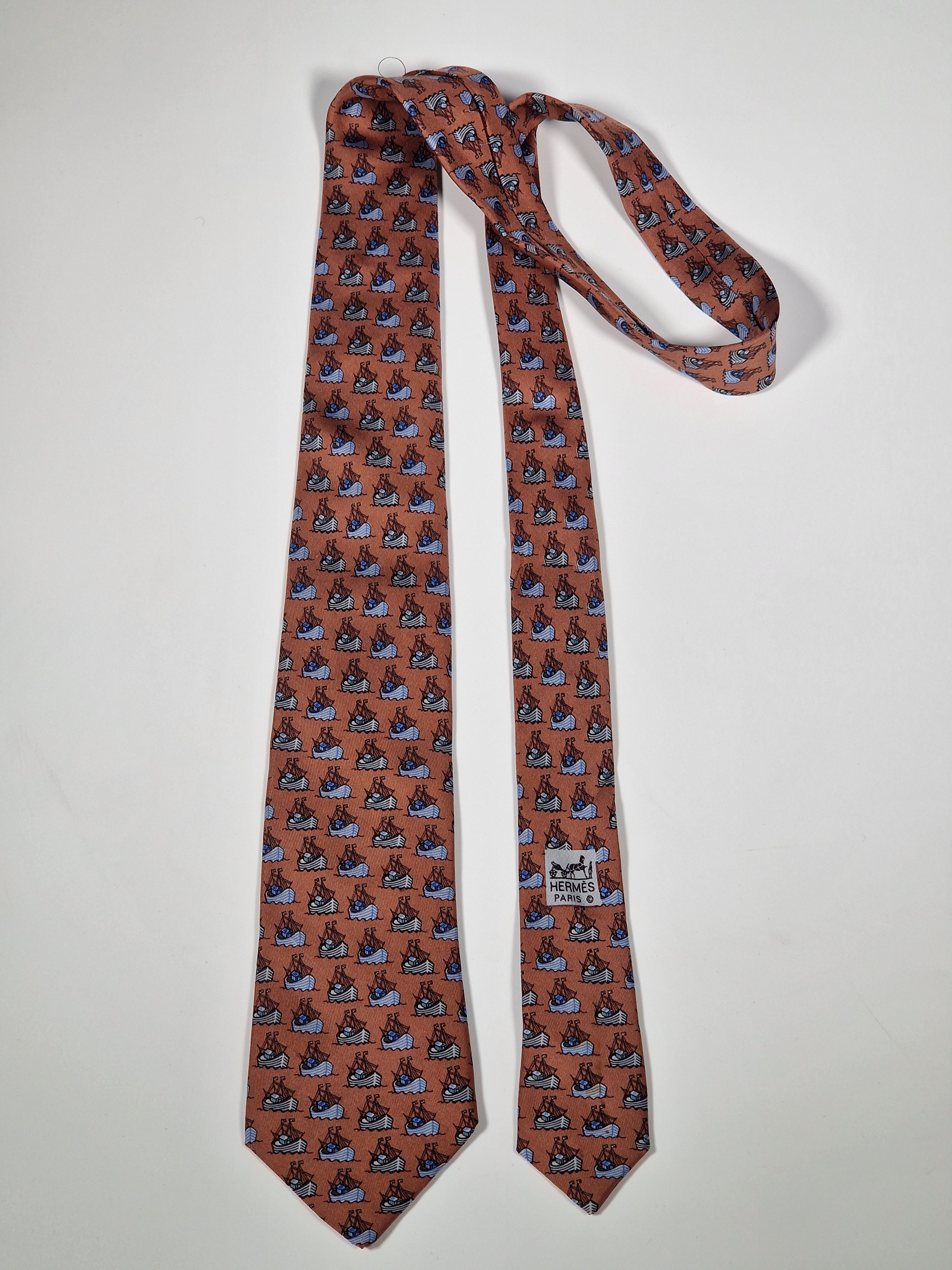 007335 Hermès silk tie brown whimsical ship 7335 EA
