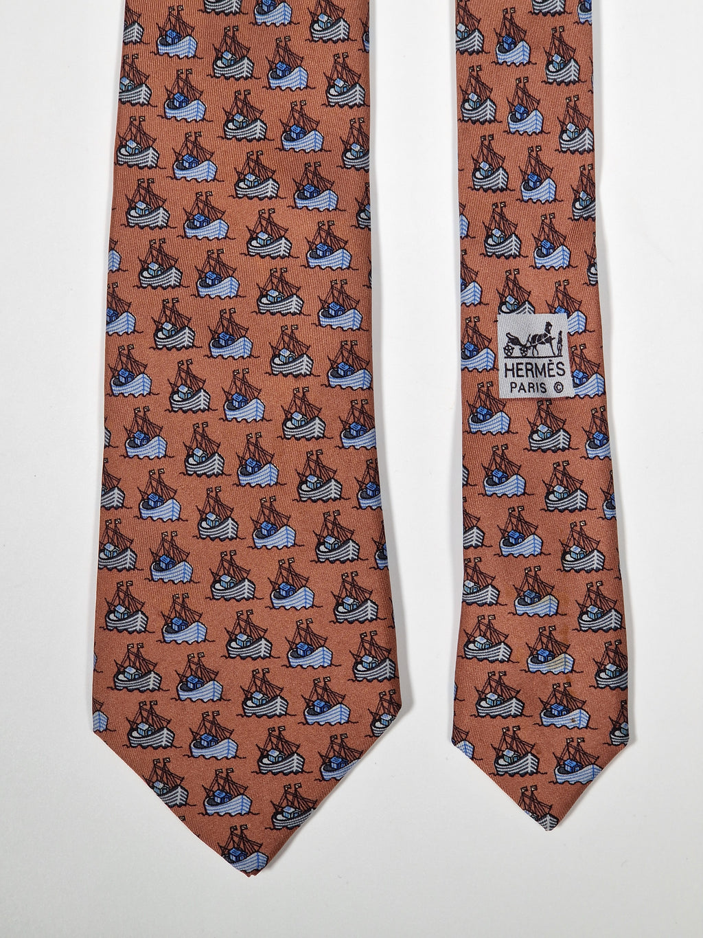 007335 Hermès silk tie brown whimsical ship 7335 EA