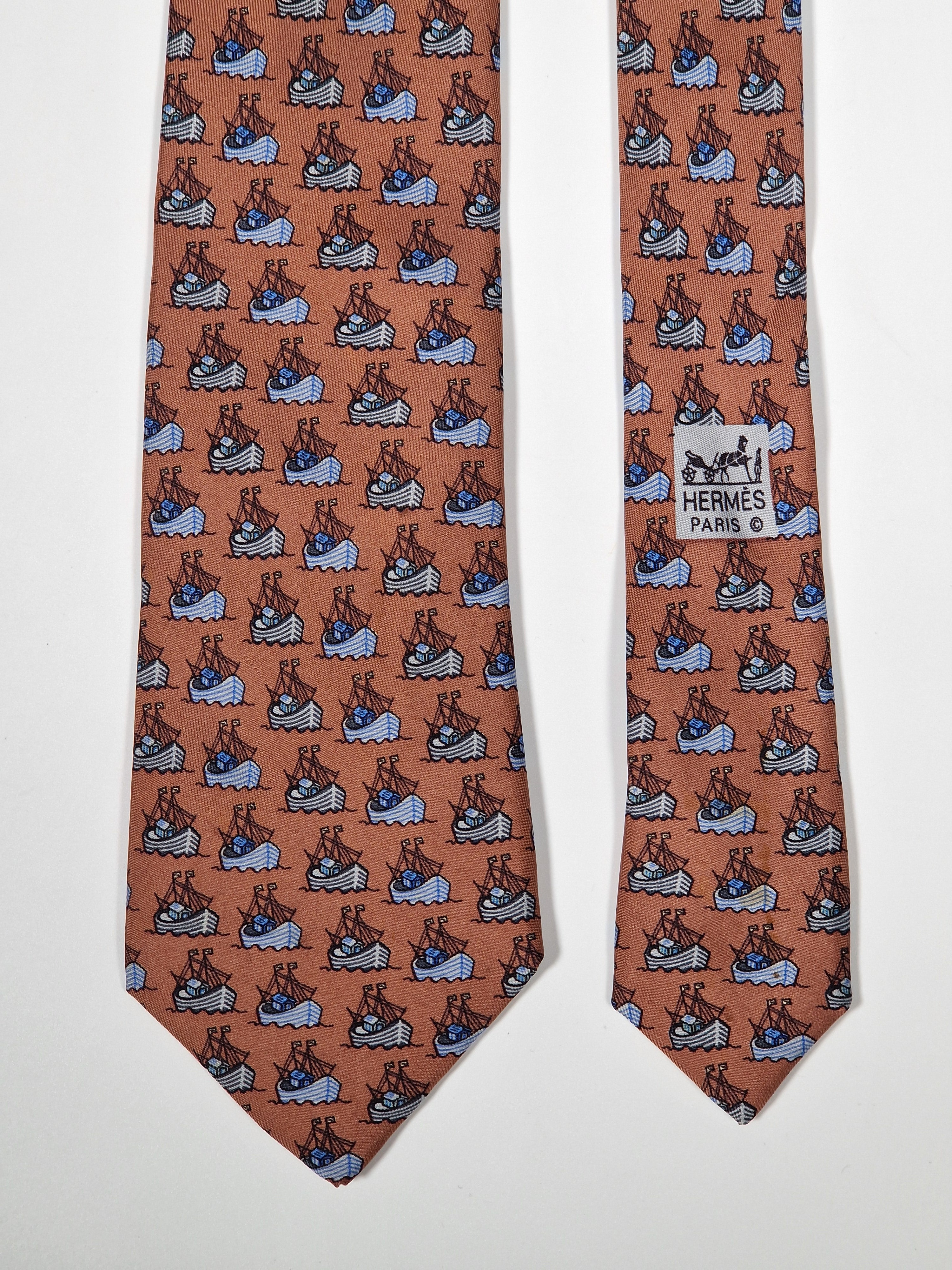 007335 Hermès silk tie brown whimsical ship 7335 EA