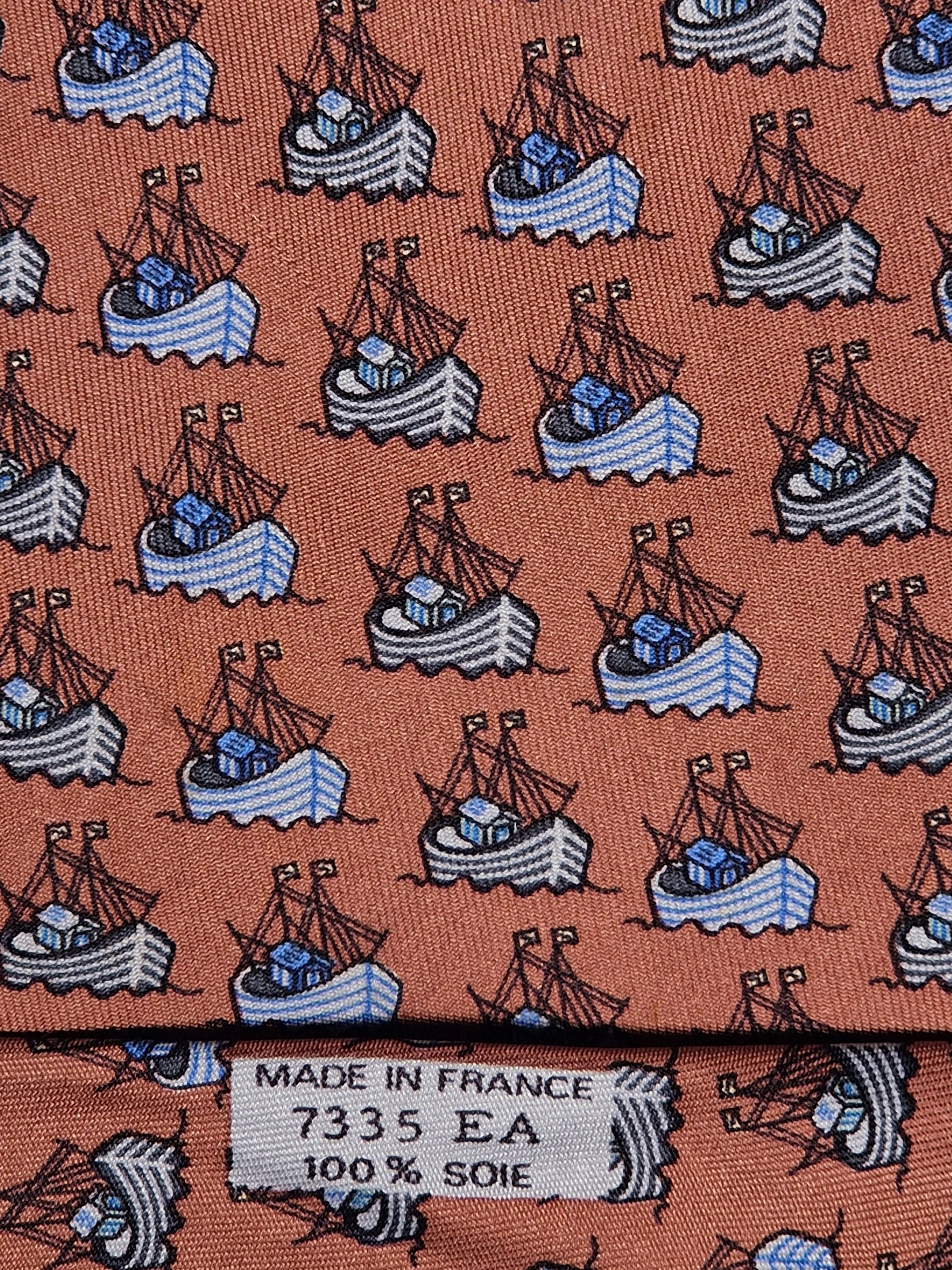 007335 Hermès silk tie brown whimsical ship 7335 EA