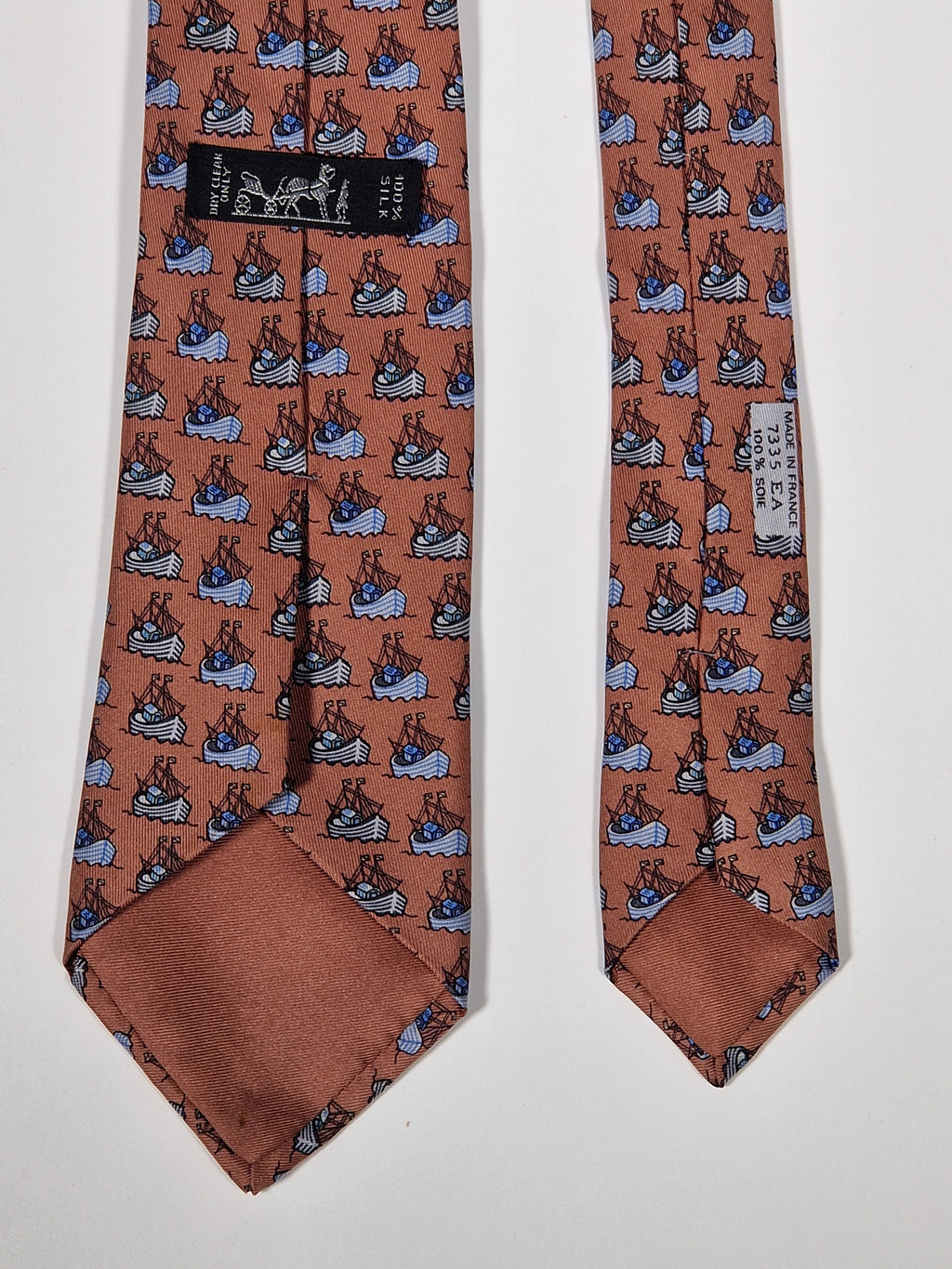 007335 Hermès silk tie brown whimsical ship 7335 EA