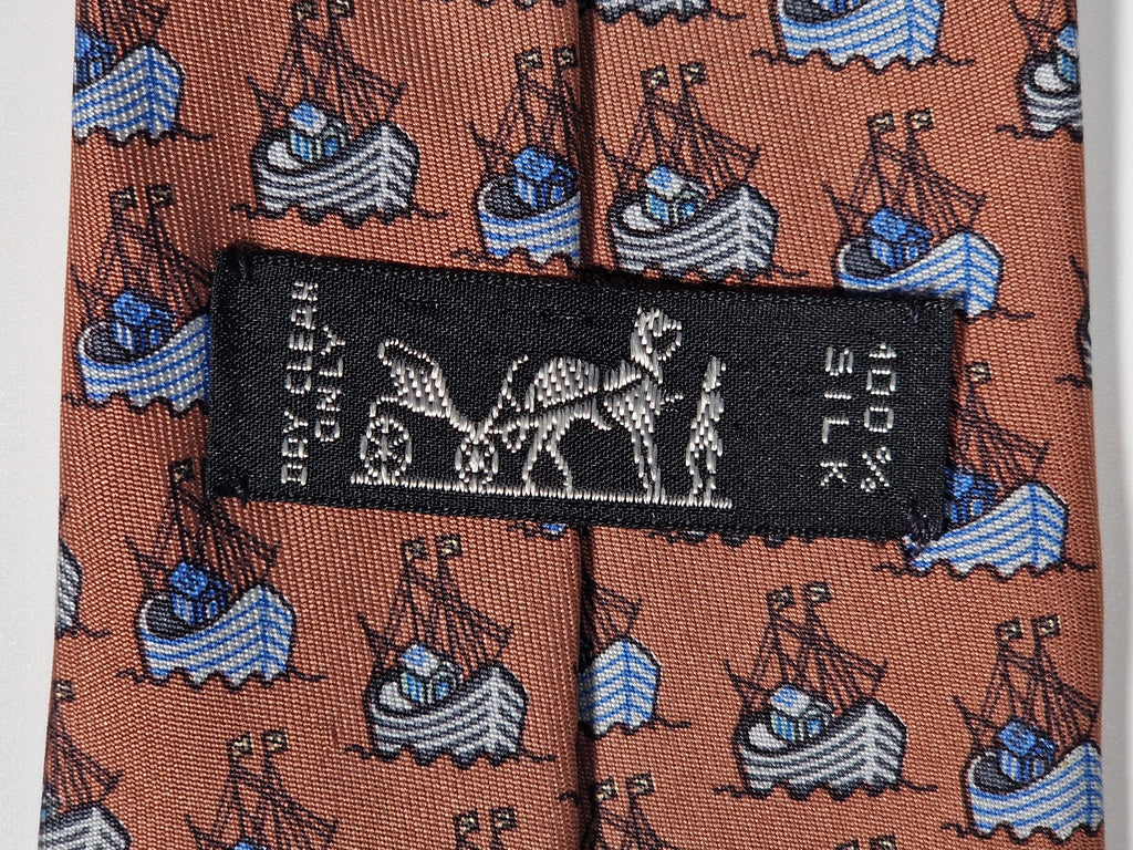 007335 Hermès silk tie brown whimsical ship 7335 EA