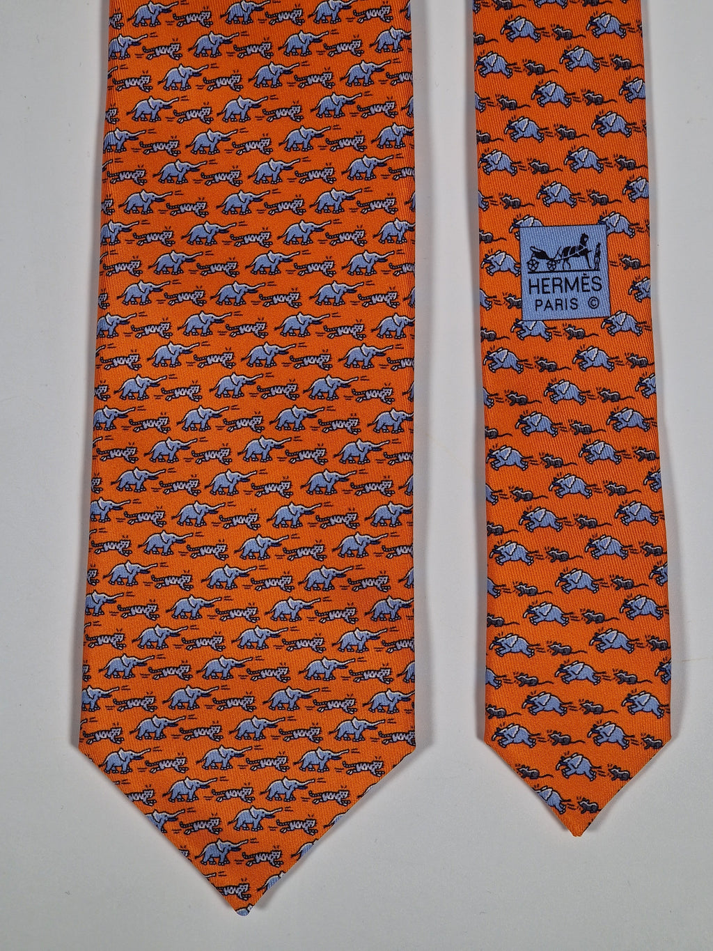 Hermés silk tie orange elephant tiger mice 626063 OA with box