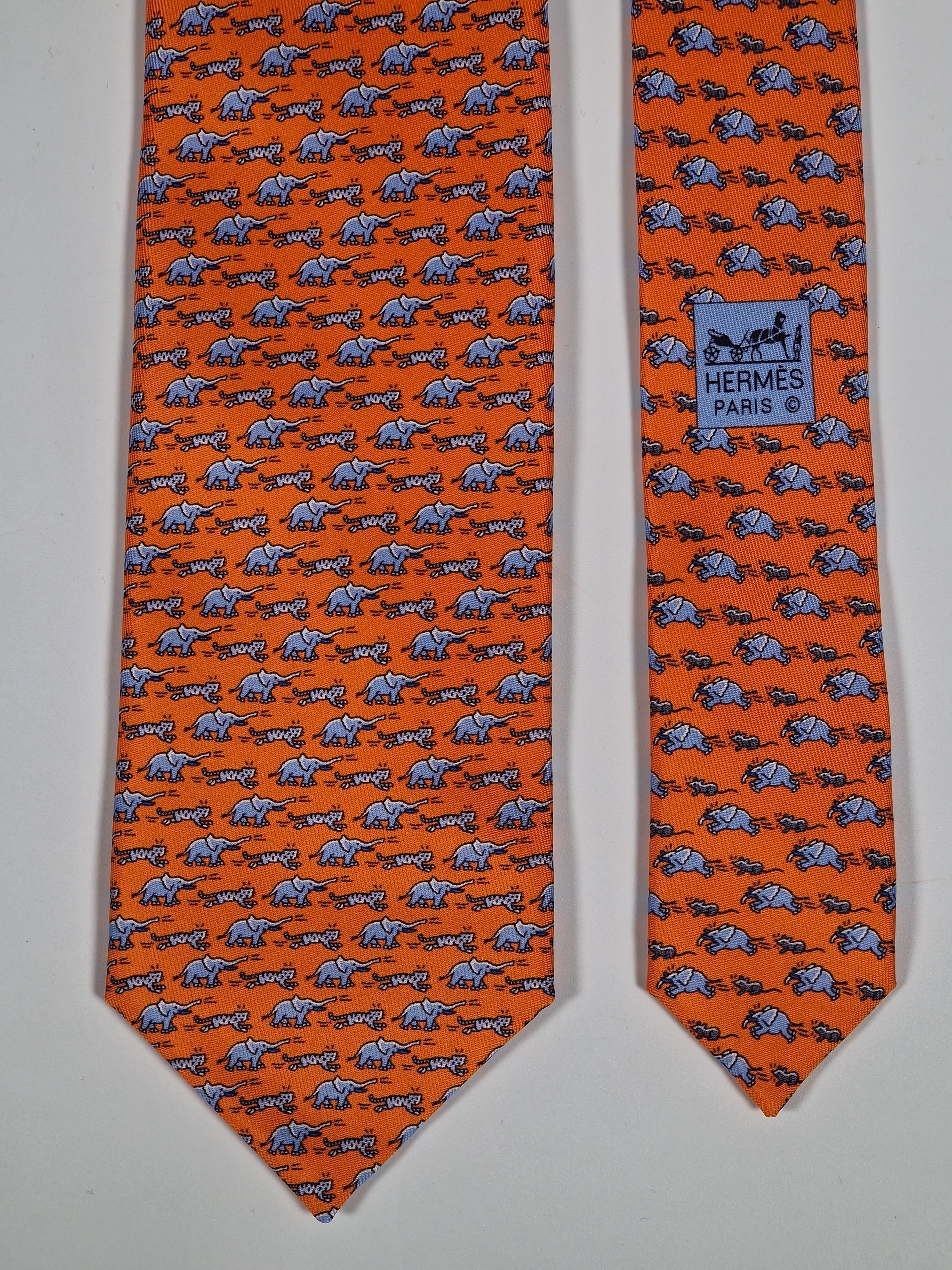 Hermés silk tie orange elephant tiger mice 626063 OA with box