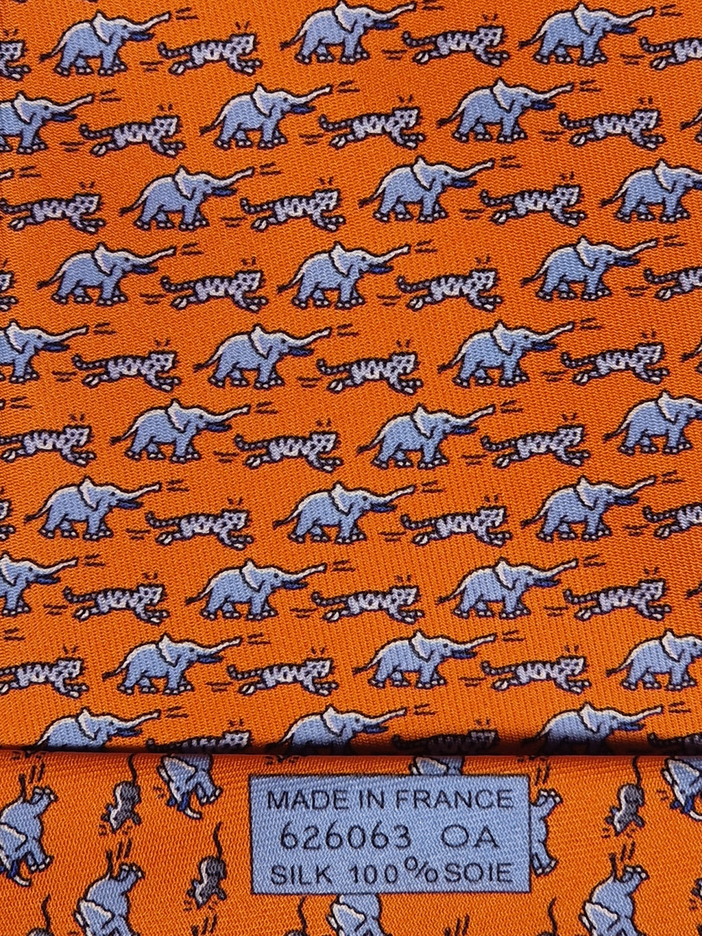 Hermés silk tie orange elephant tiger mice 626063 OA with box