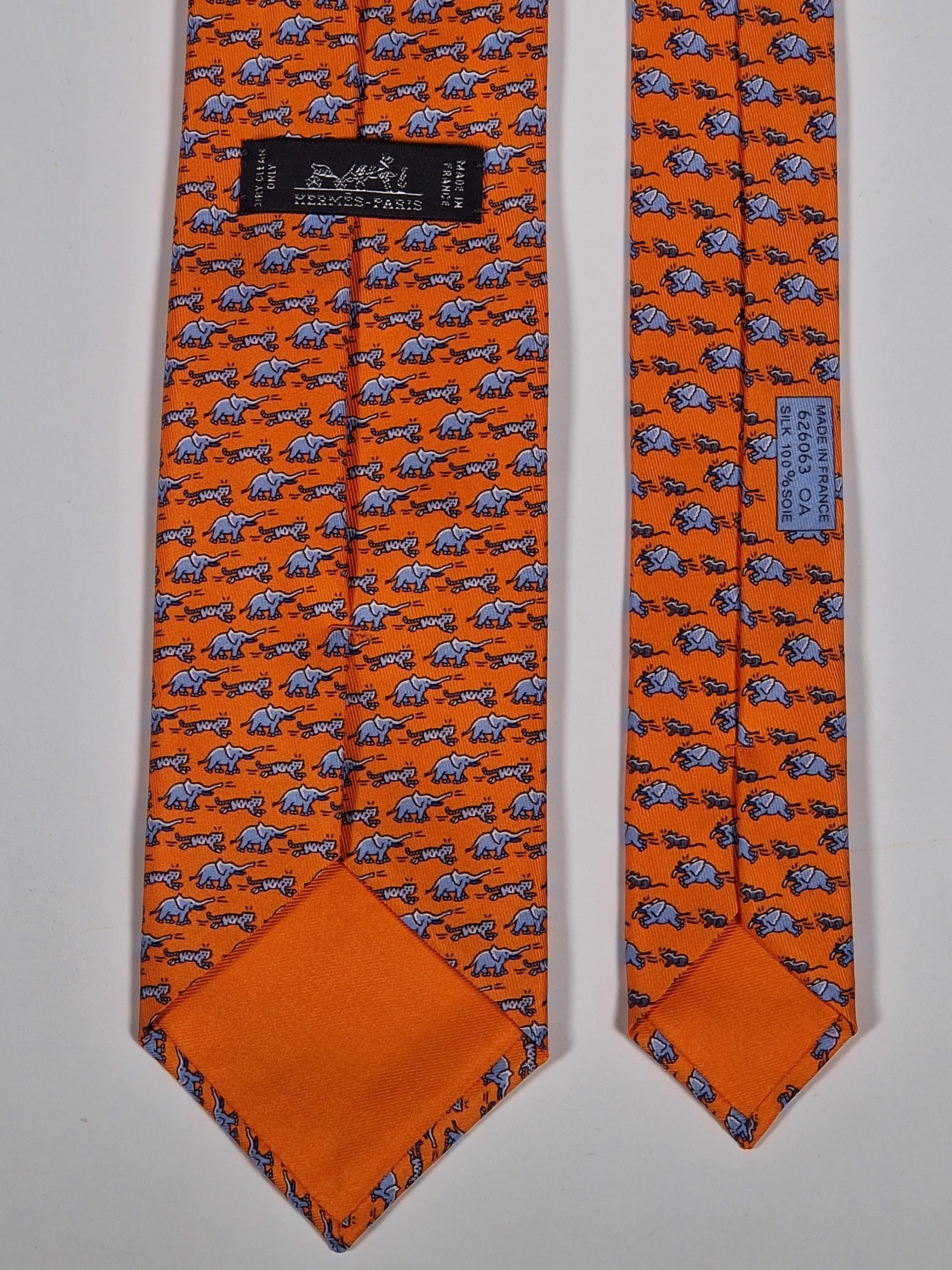 Hermés silk tie orange elephant tiger mice 626063 OA with box