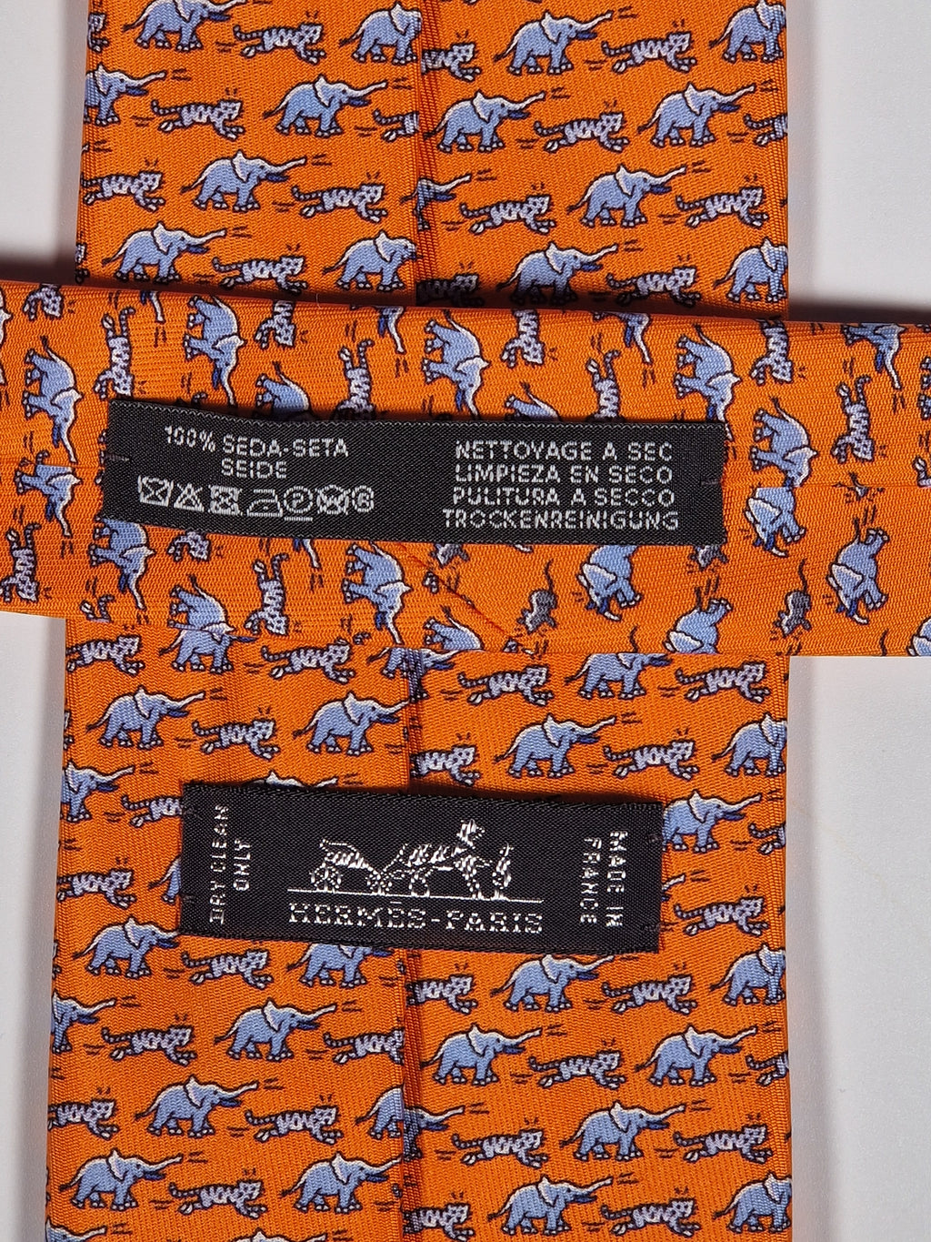 Hermés silk tie orange elephant tiger mice 626063 OA with box
