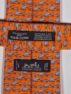 Hermés silk tie orange elephant tiger mice 626063 OA with box
