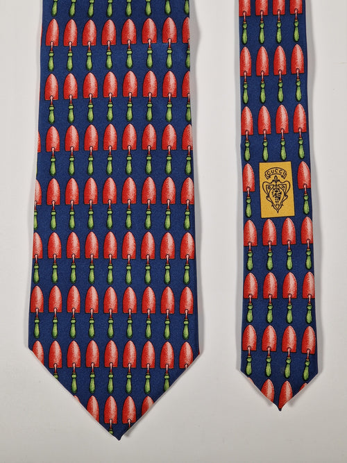 Gucci Vintage silk tie blue pink garden tool spade pattern
