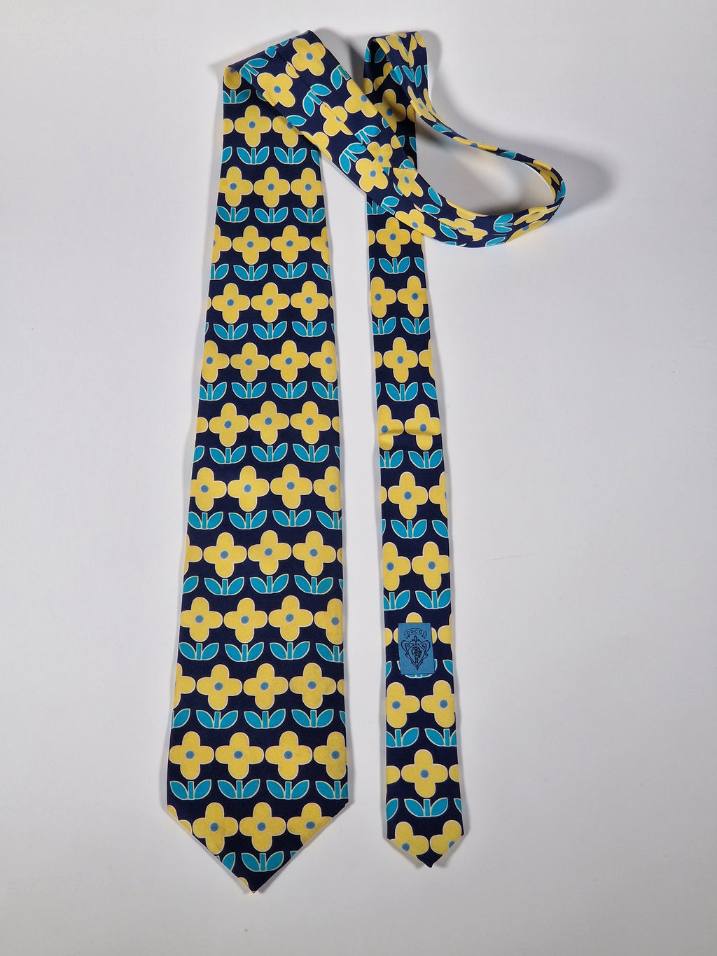 Gucci Vintage silk tie blue yellow flower pattern