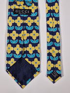 Gucci Vintage silk tie blue yellow flower pattern