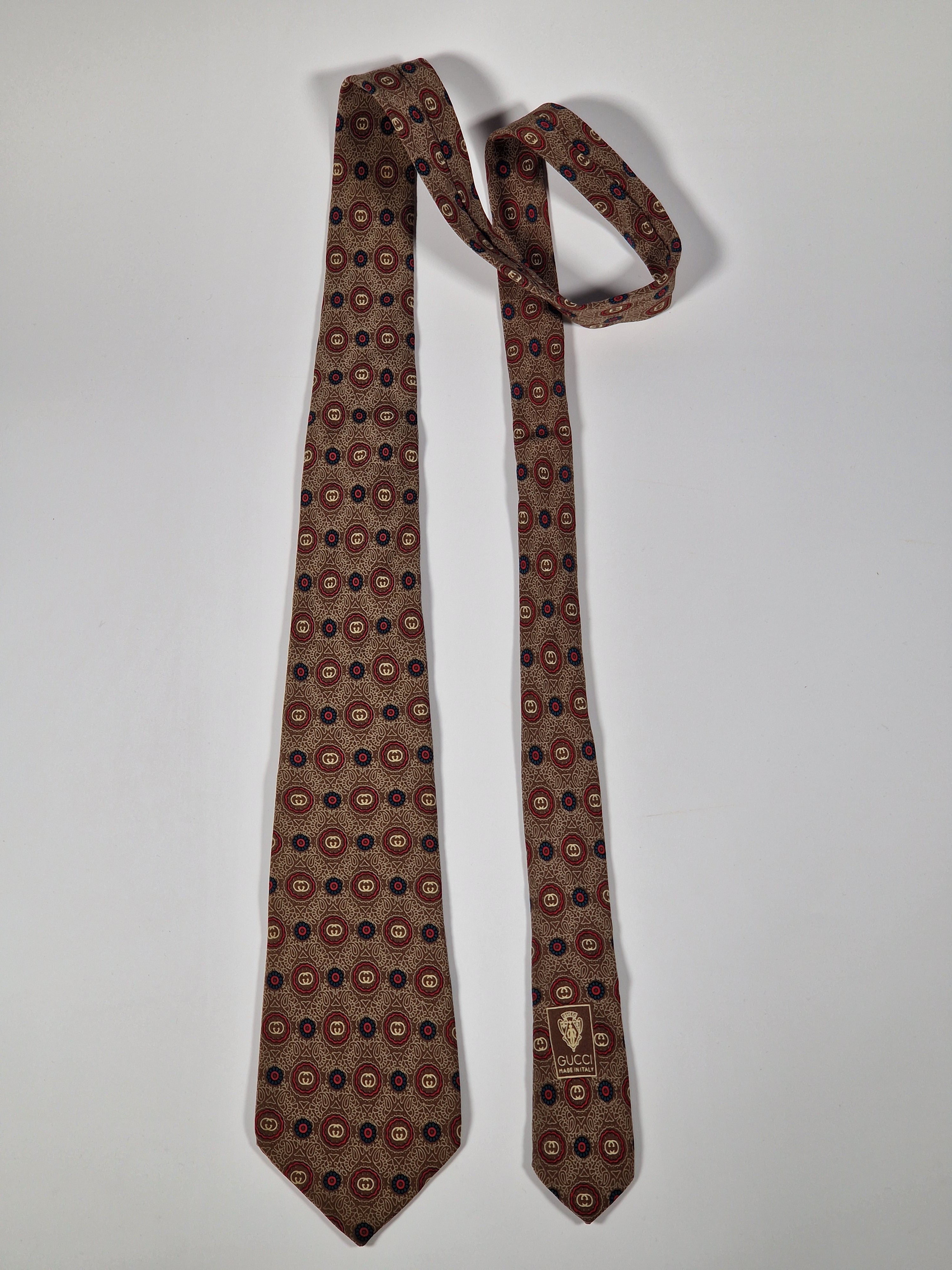 Gucci Vintage silk tie brown loggo flowers
