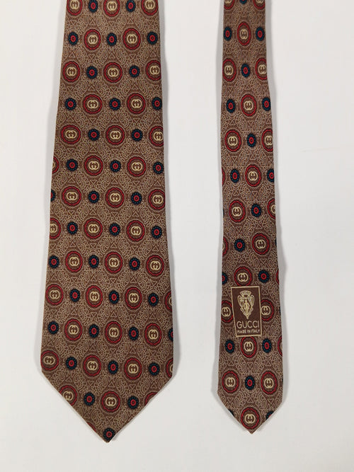 Gucci Vintage silk tie brown loggo flowers