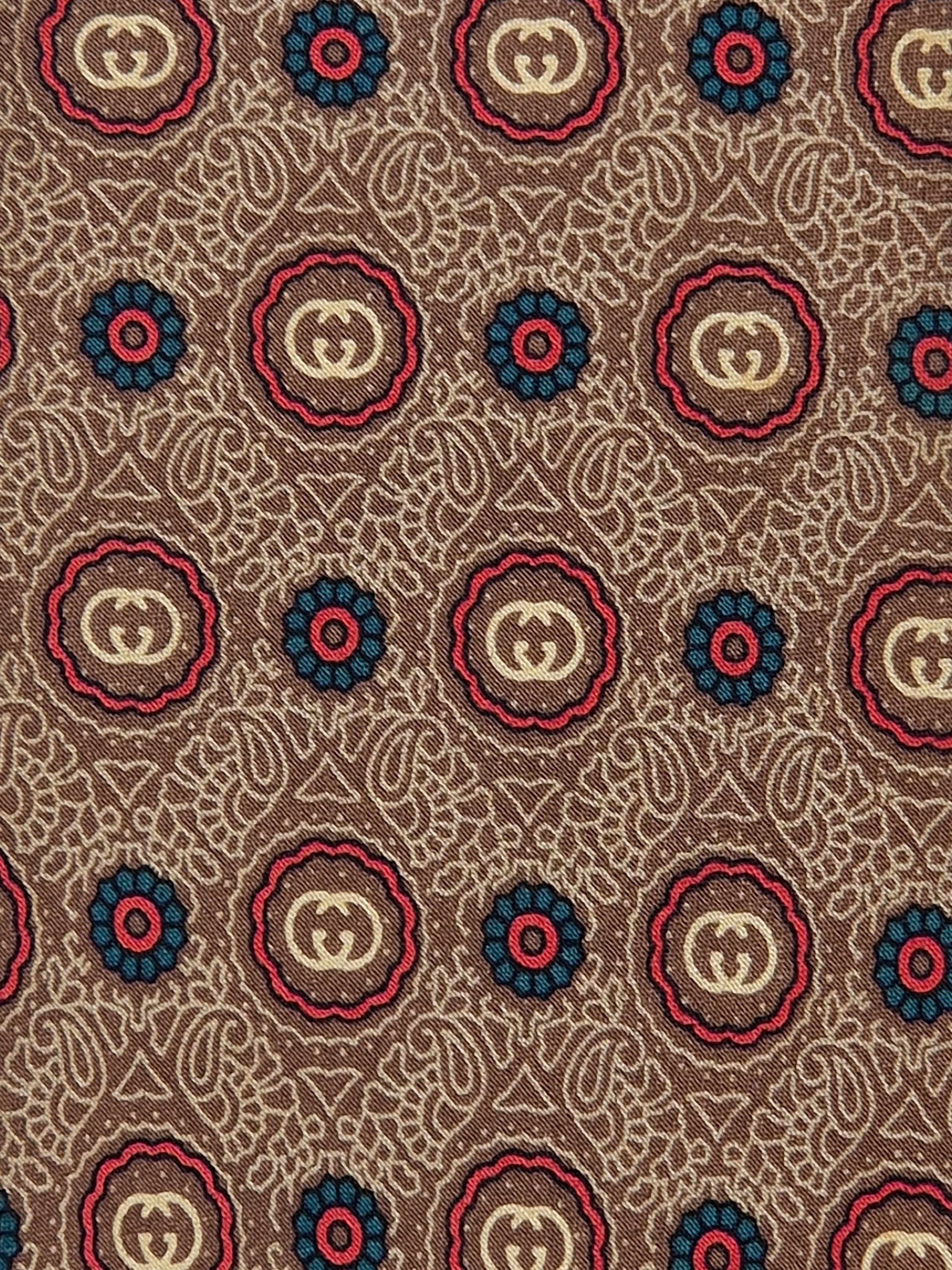 Gucci Vintage silk tie brown loggo flowers