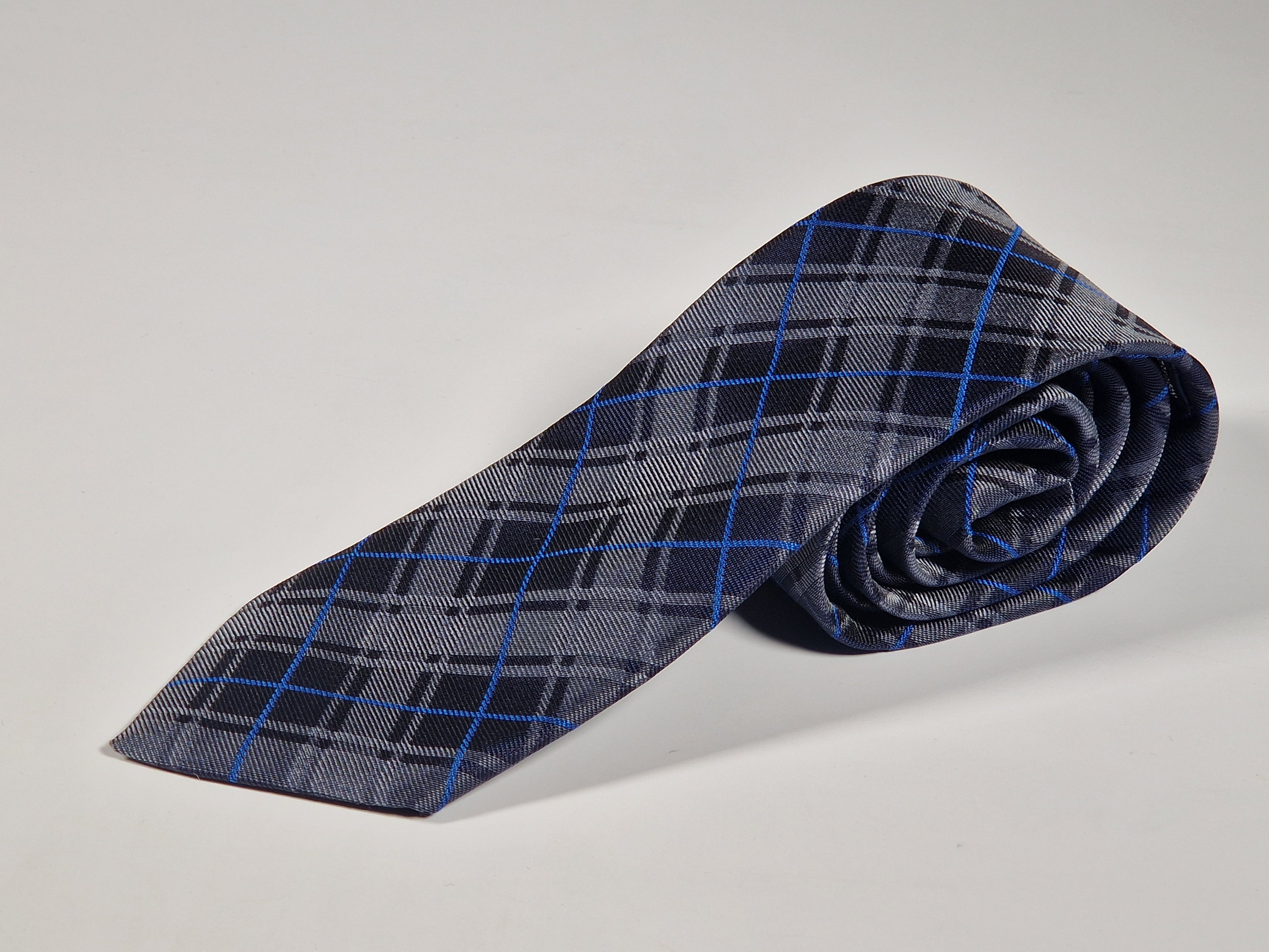 Hermès silk tie blue grey chekerd Hermès 229235 T tie blue