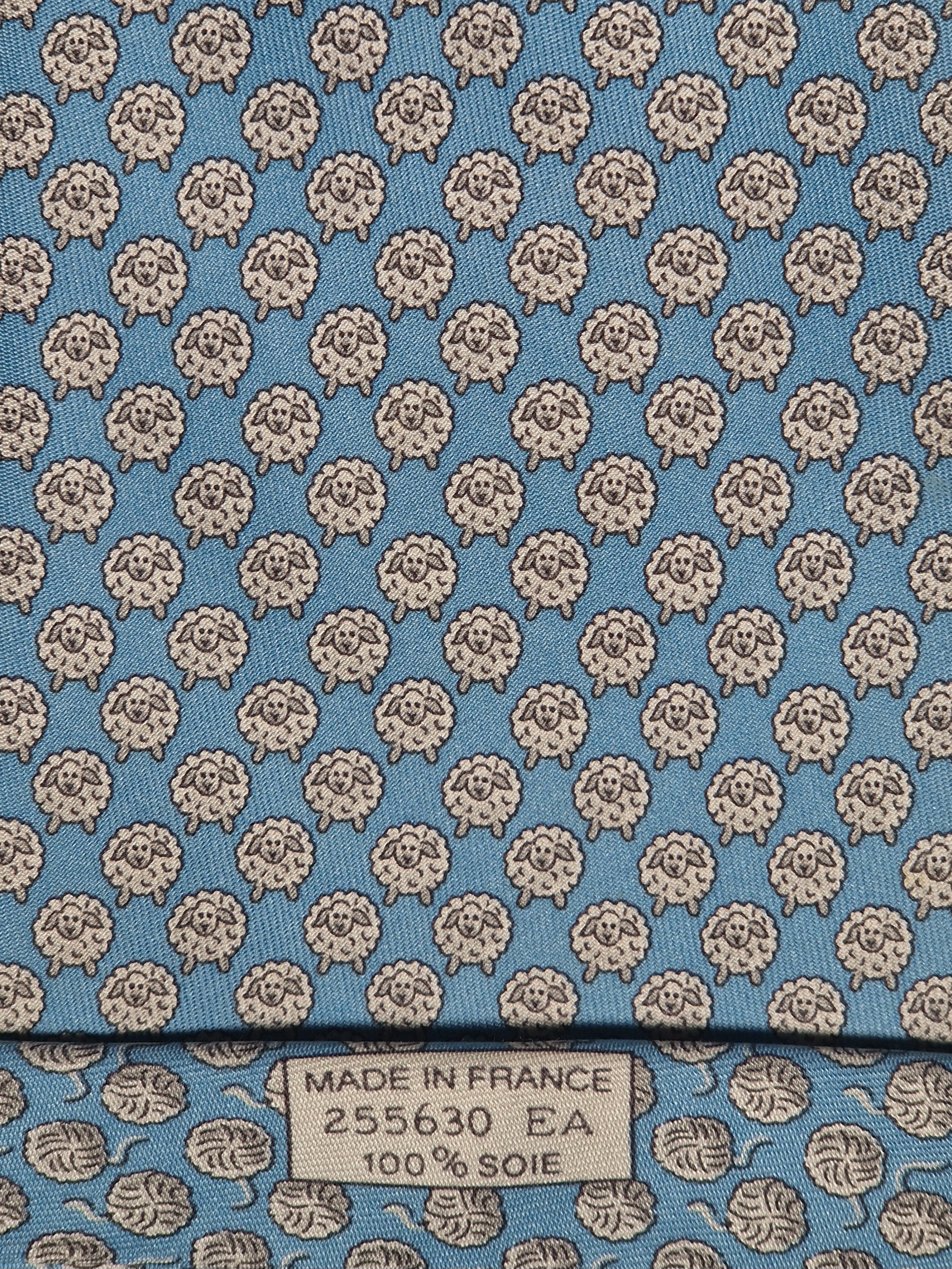 Hermès silk tie blue whimsical sheep and ball of yarn pattern 255630 EA