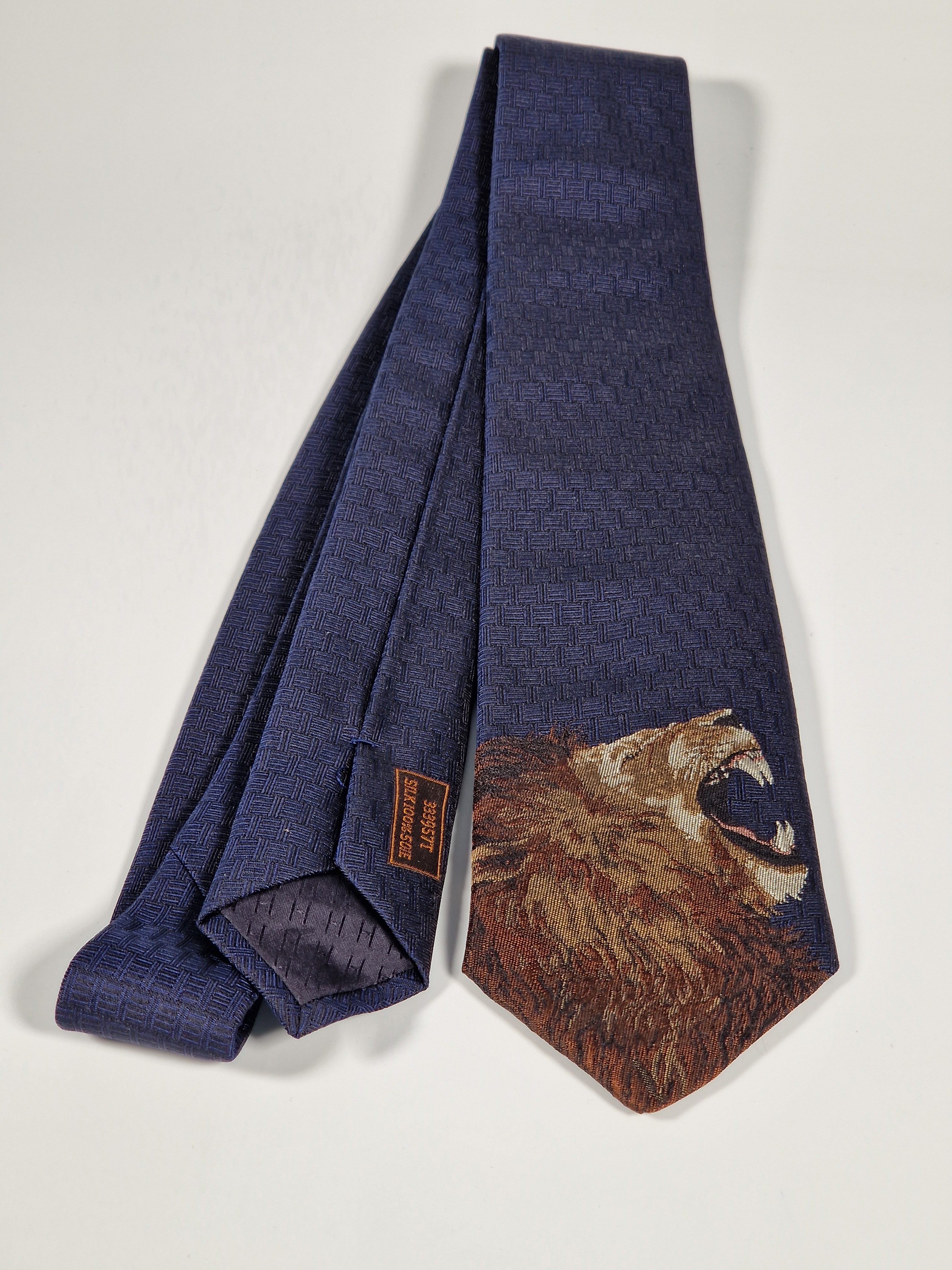 Hermès jaquard silk tie lion blue Hermès 333957 T "ROAAAAAR!"